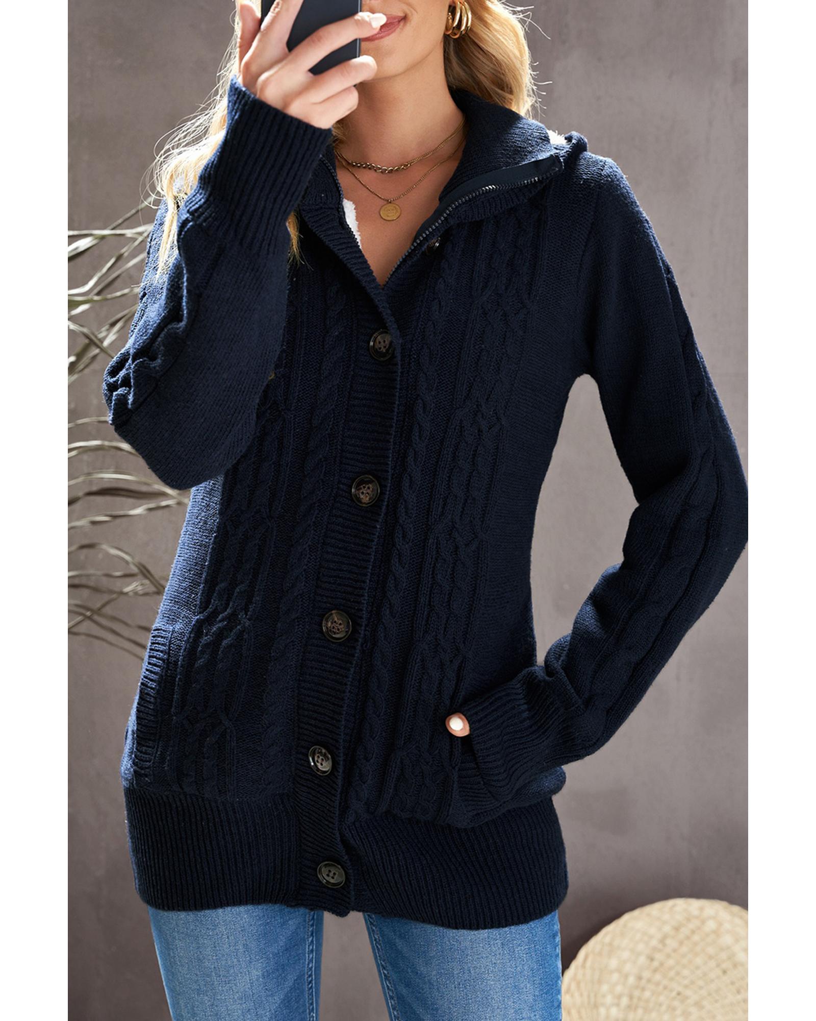 Navy Blue Long Sleeve Button-up Hooded Cardigans - 2XL 8