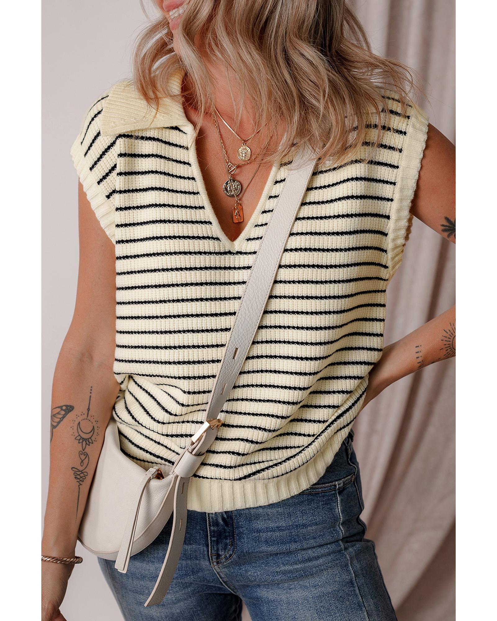 Beige Stripe Turn-down V Neck Sweater Tank Top - L