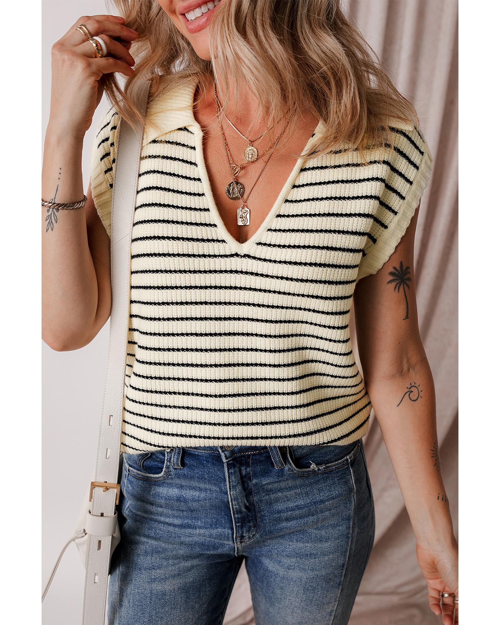 Beige Stripe Turn-down V Neck Sweater Tank Top - M 3