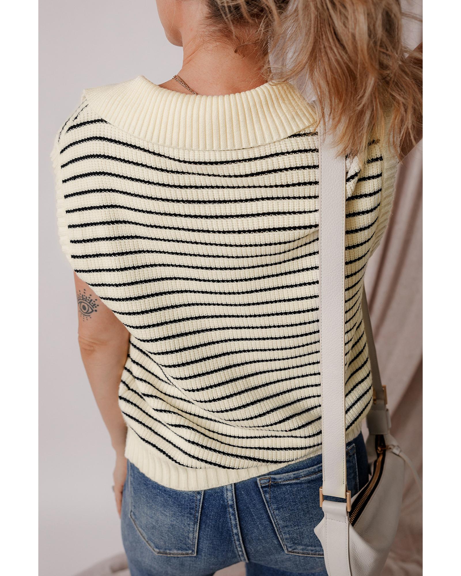 Beige Stripe Turn-down V Neck Sweater Tank Top - M 4