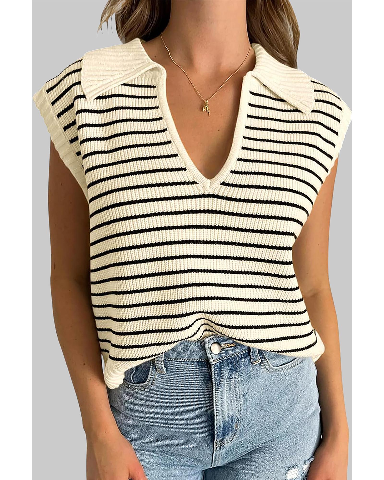 Beige Stripe Turn-down V Neck Sweater Tank Top - M 6