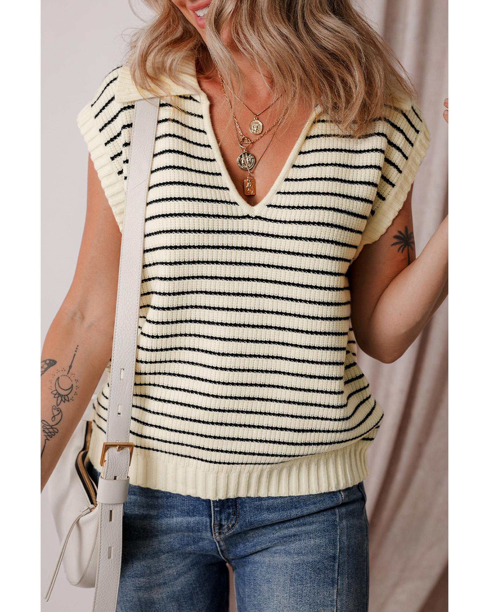 Beige Stripe Turn-down V Neck Sweater Tank Top - M 7