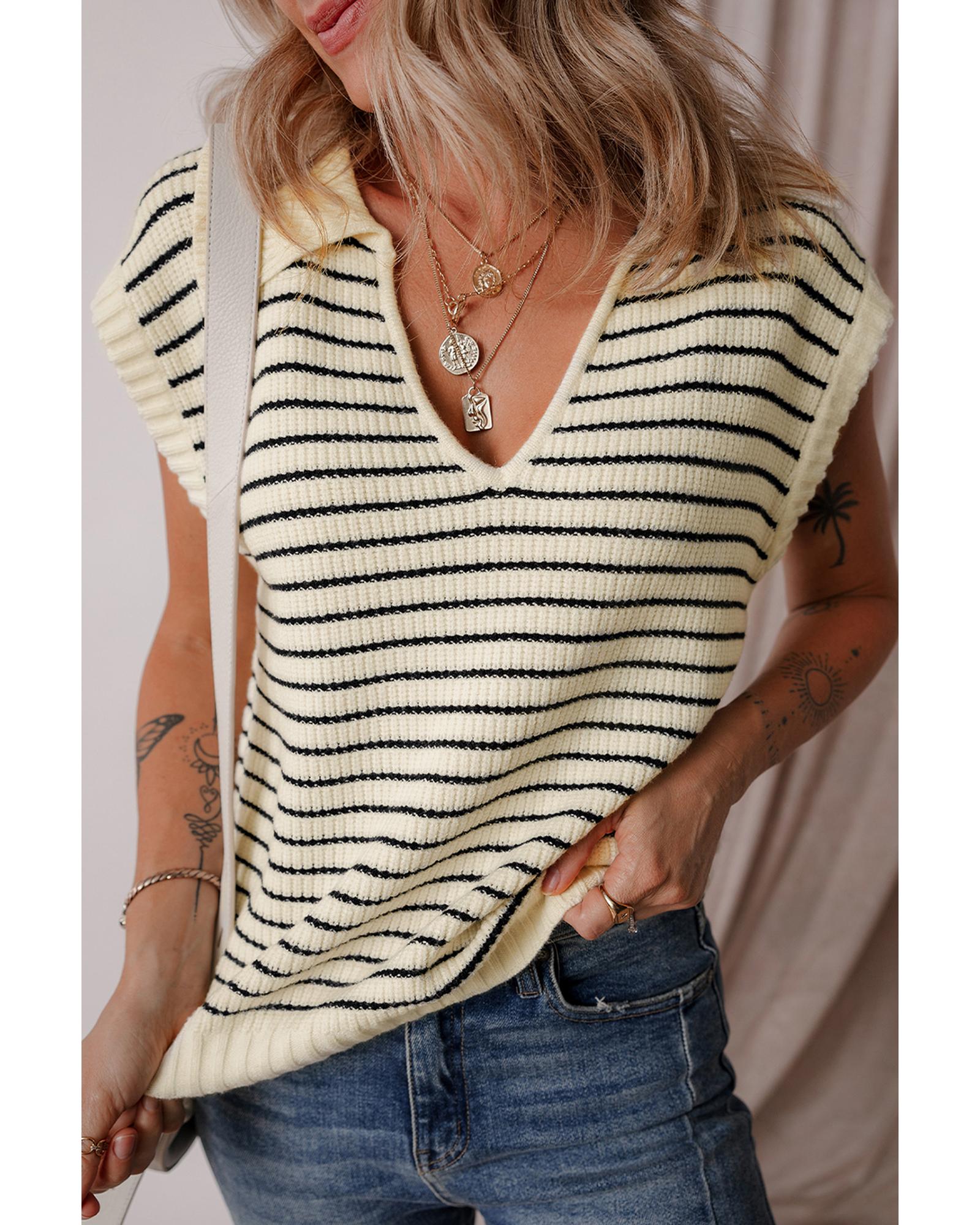 Beige Stripe Turn-down V Neck Sweater Tank Top - XL