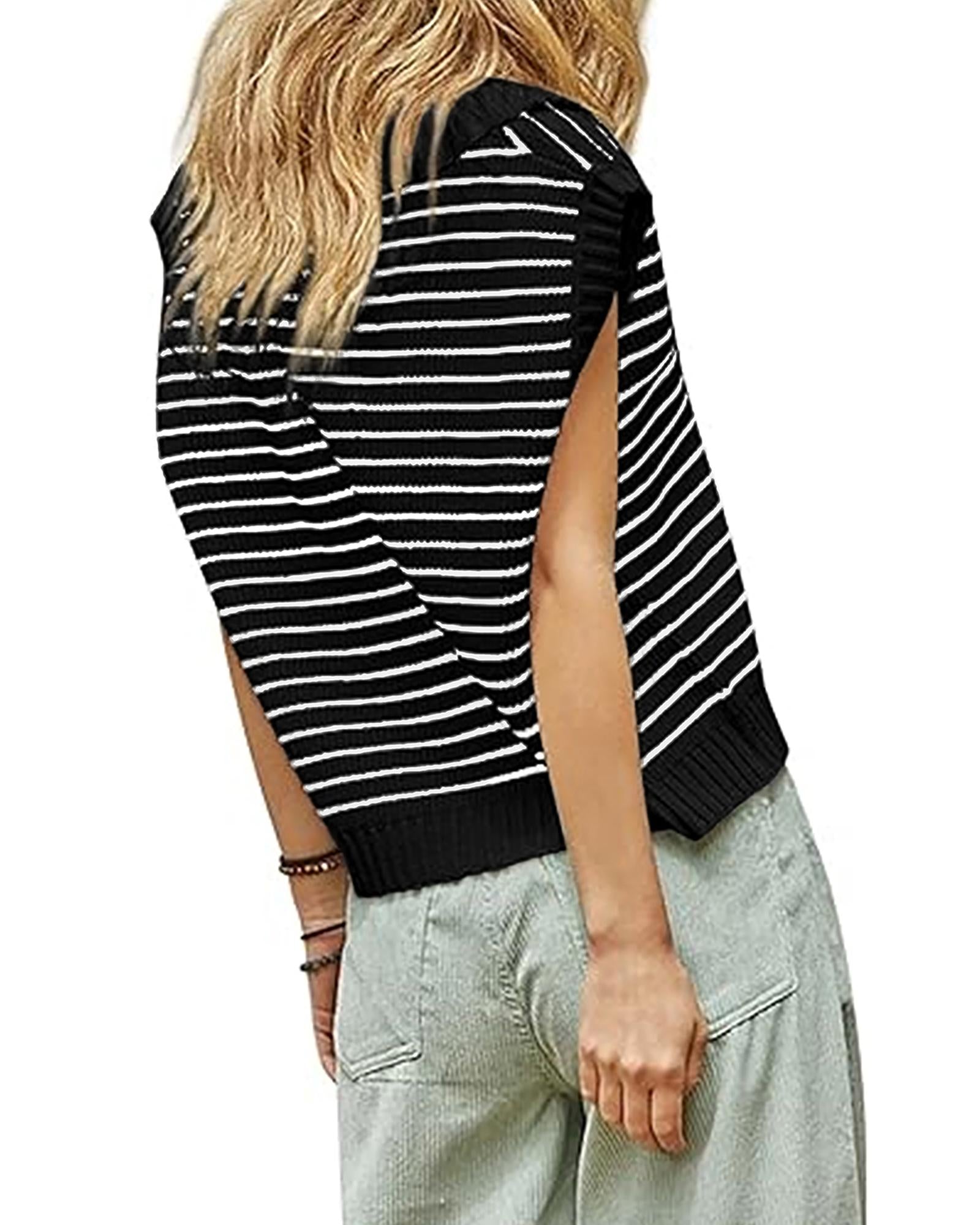 Black Stripe Turn-down V Neck Sweater Tank Top - L