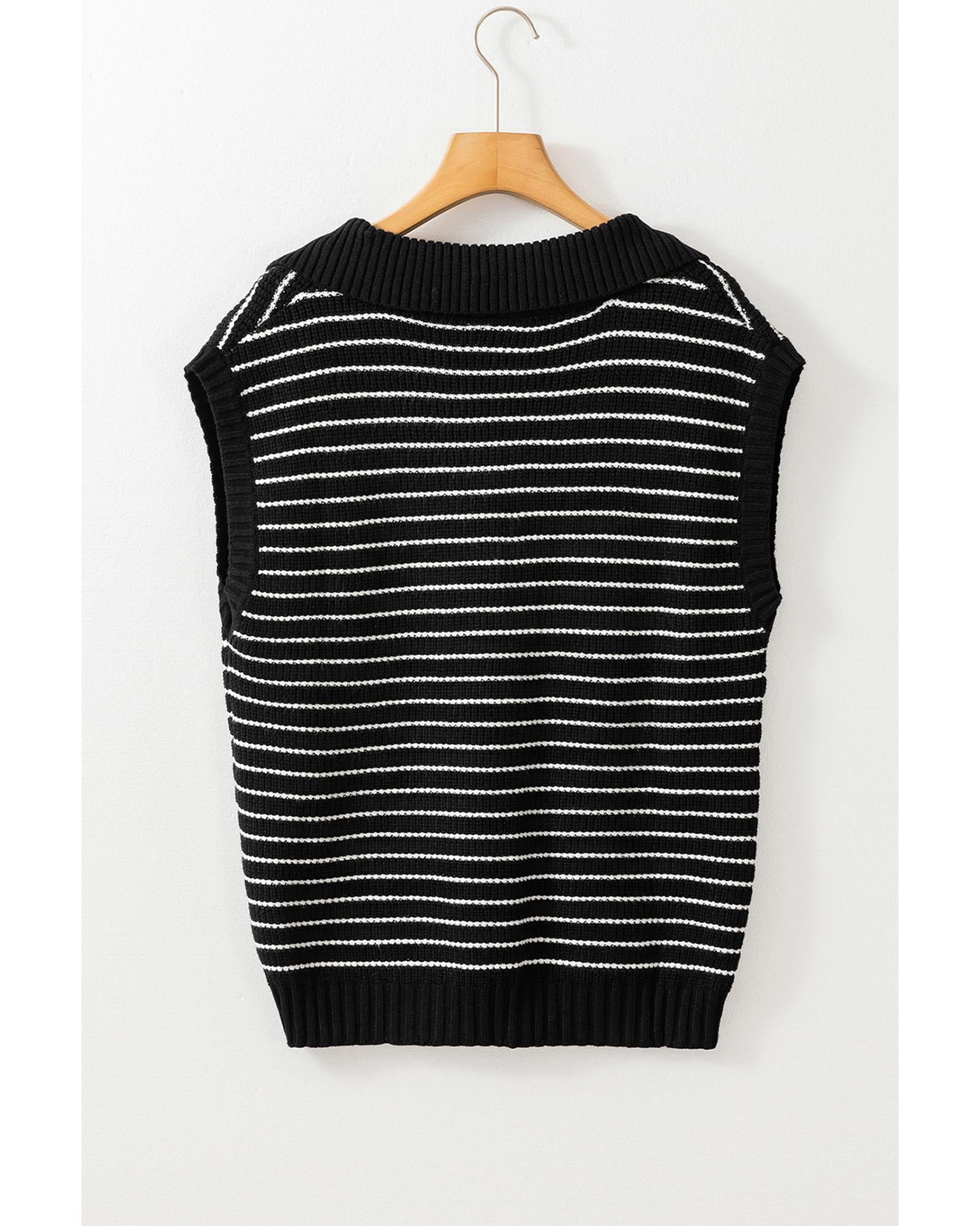 Black Stripe Turn-down V Neck Sweater Tank Top - L 5