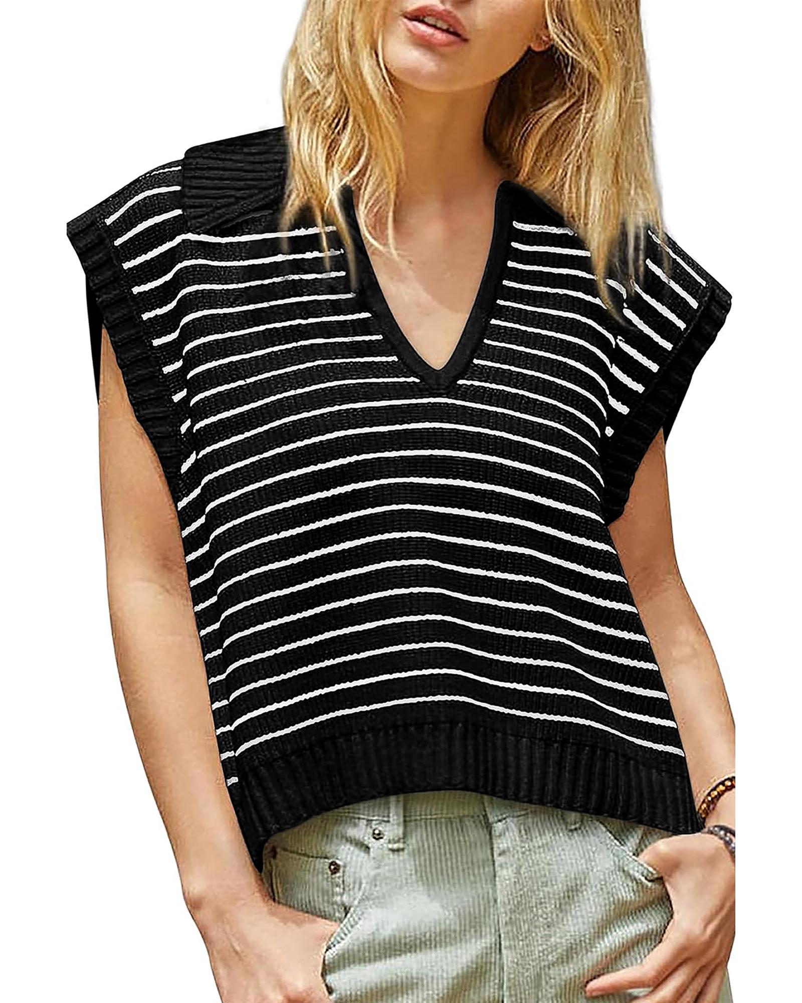 Black Stripe Turn-down V Neck Sweater Tank Top - L 7