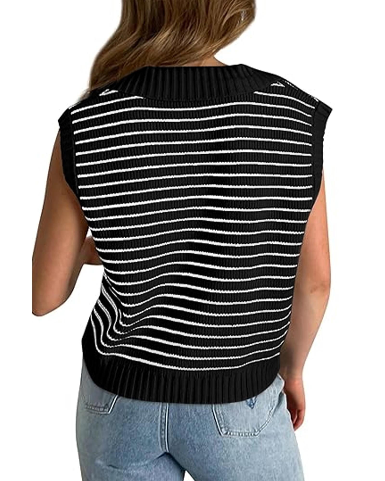 Black Stripe Turn-down V Neck Sweater Tank Top - M 3