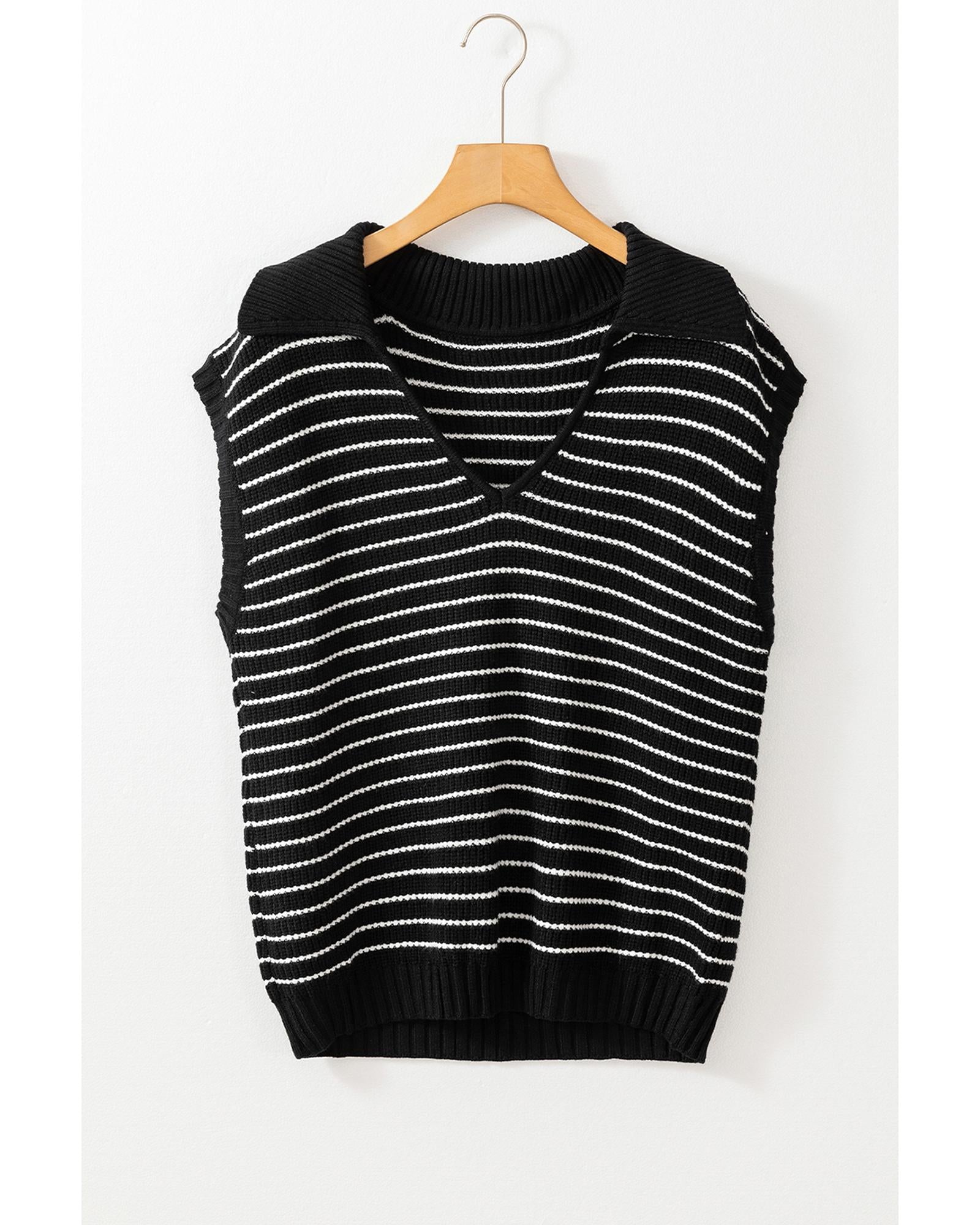 Black Stripe Turn-down V Neck Sweater Tank Top - XL 4