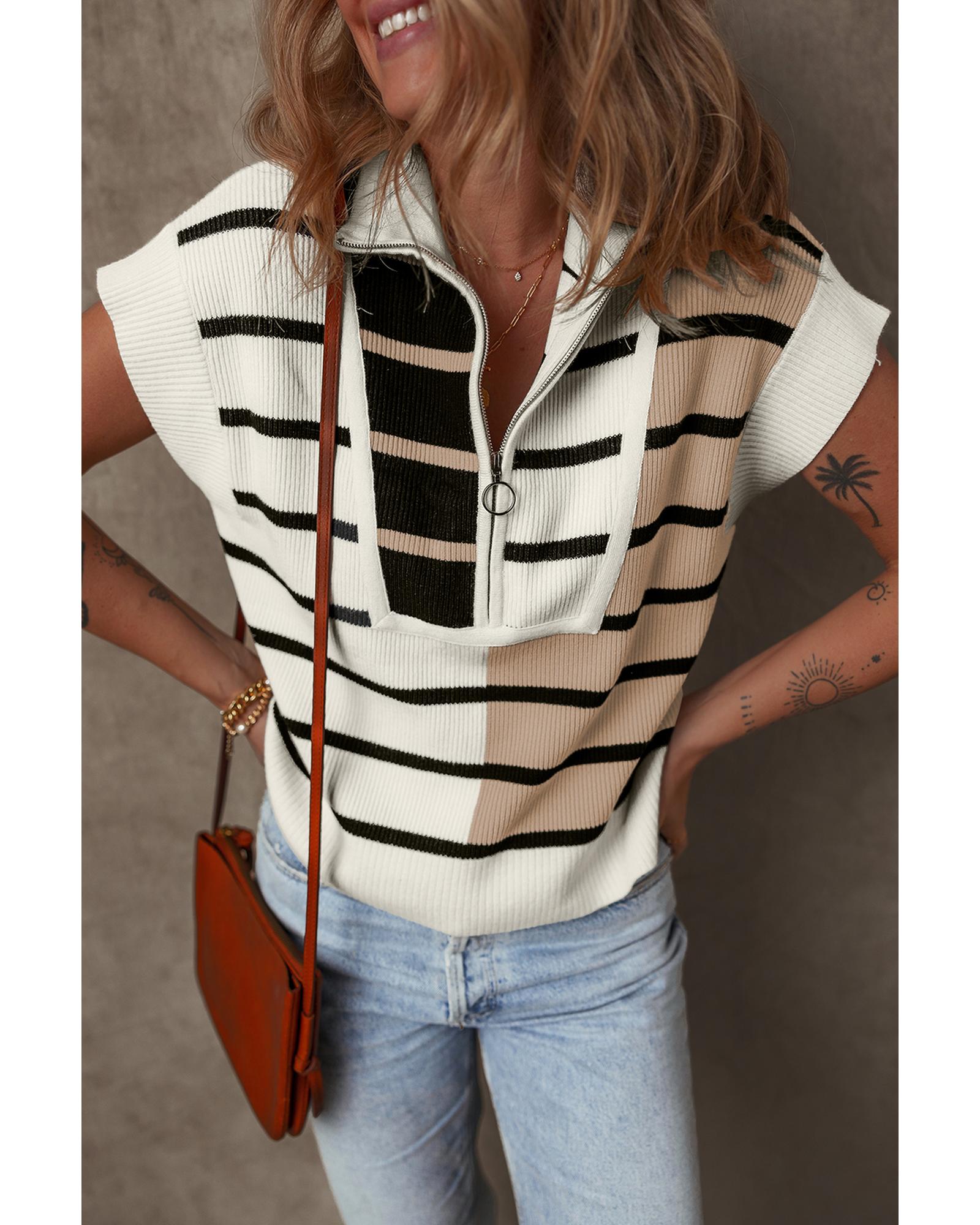 Black Stripe Colorblock Quarter Zip Collar Sweater Vest - M 5