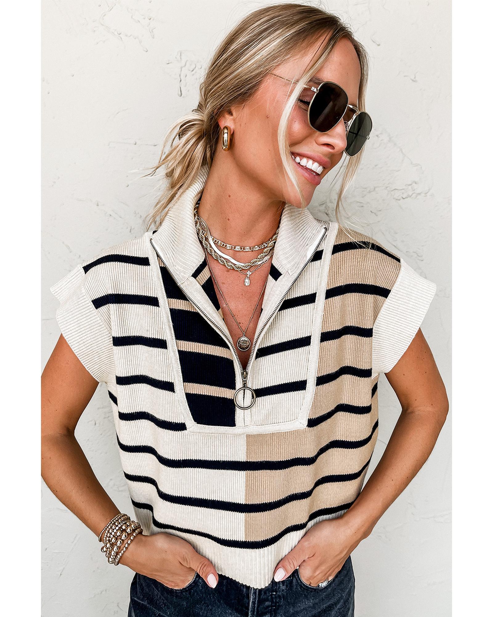 Black Stripe Colorblock Quarter Zip Collar Sweater Vest - M 8