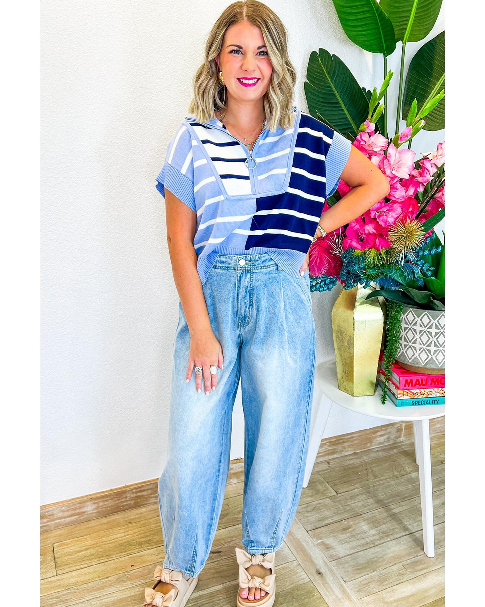 Sky Blue Stripe Colorblock Quarter Zip Collar Sweater Vest - 2XL 4