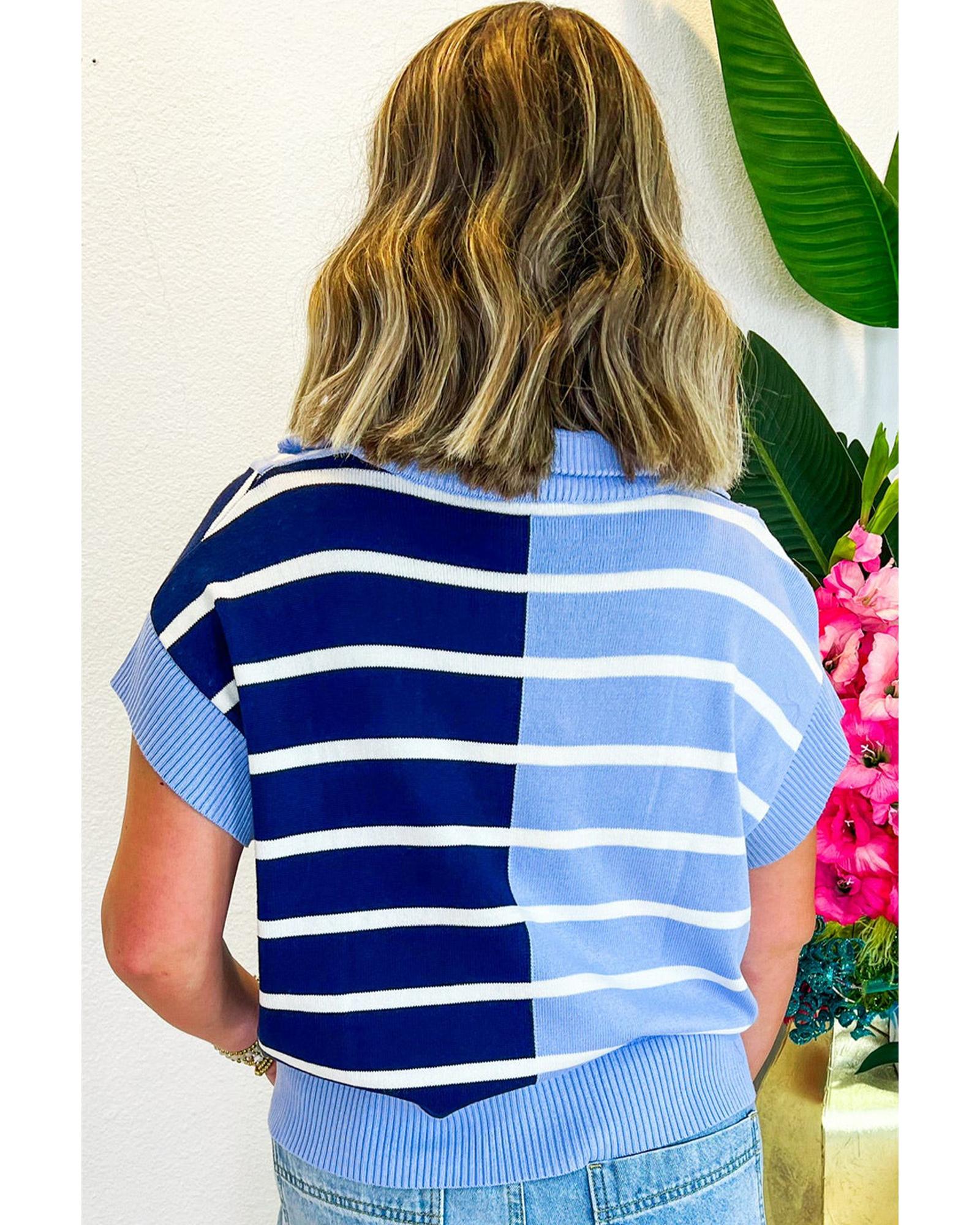 Sky Blue Stripe Colorblock Quarter Zip Collar Sweater Vest - 2XL 7