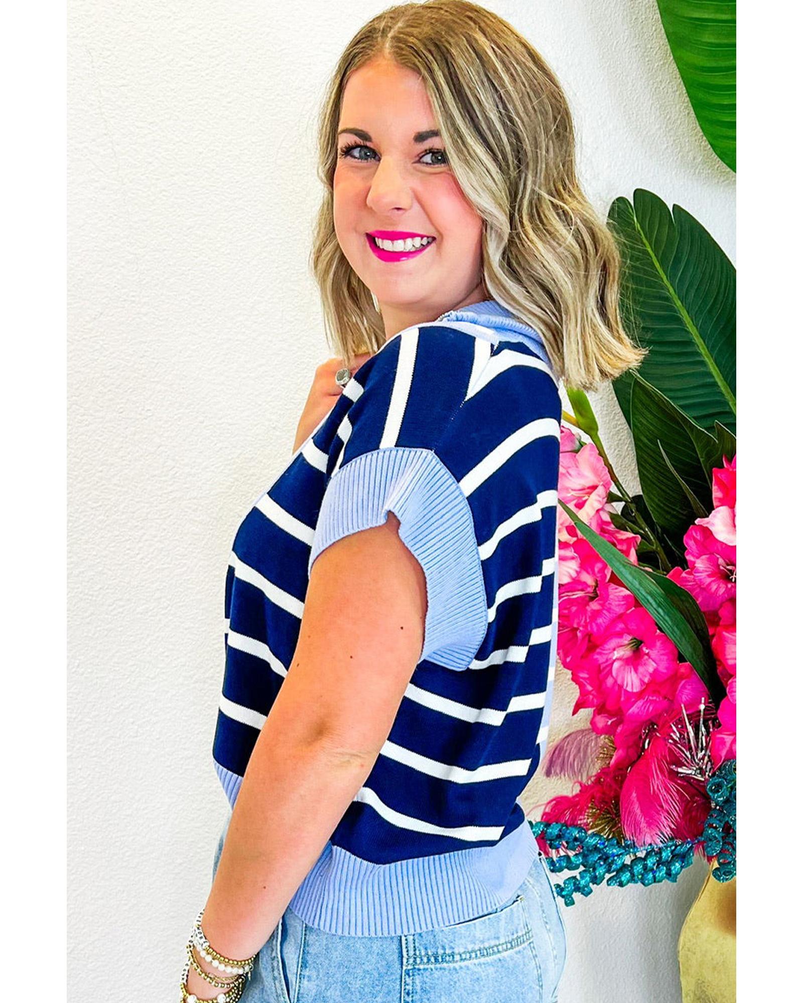 Sky Blue Stripe Colorblock Quarter Zip Collar Sweater Vest - L