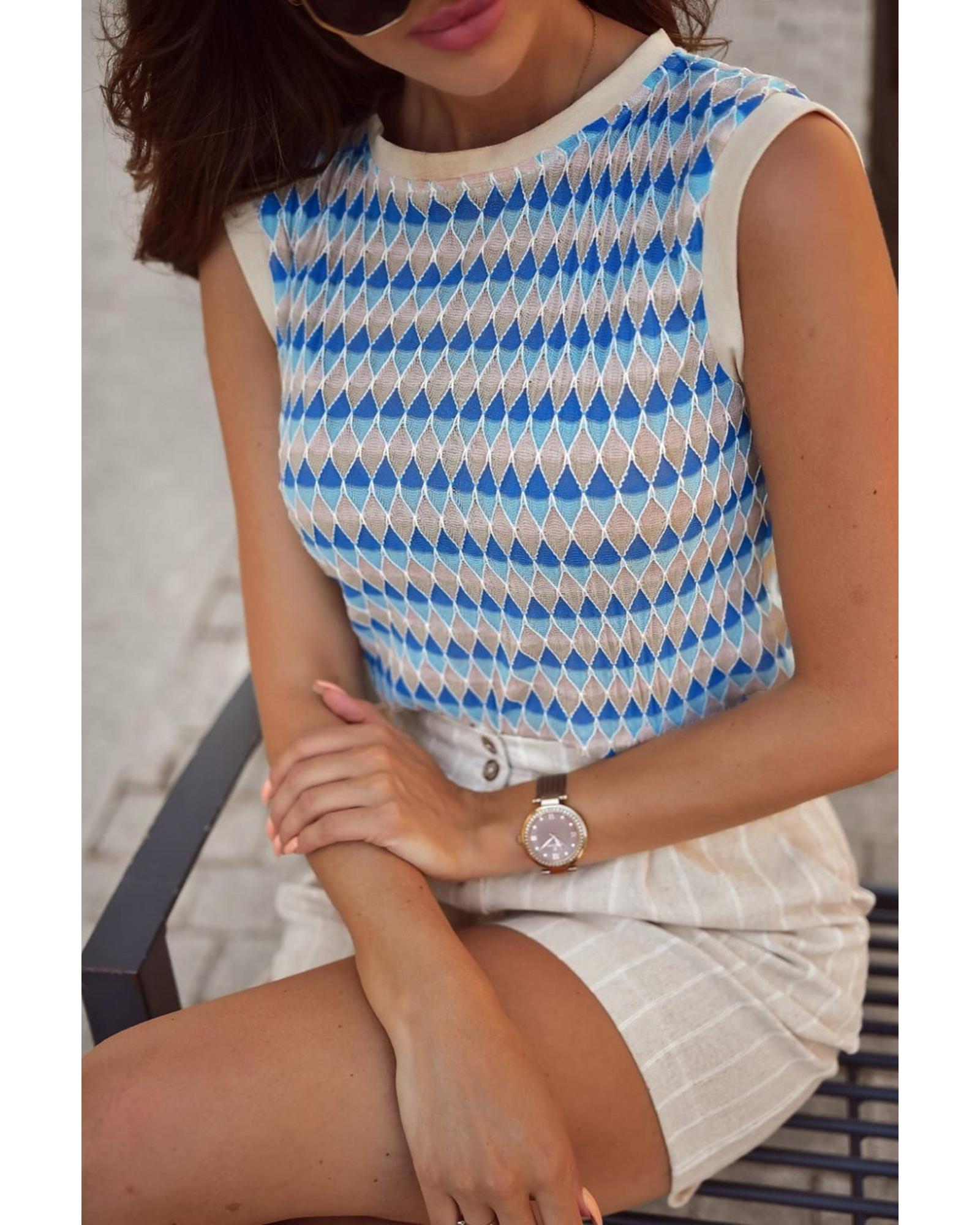 Sky Blue Stripe Geometric Print Round Neck Slim Fit Sweater Vest - L 3