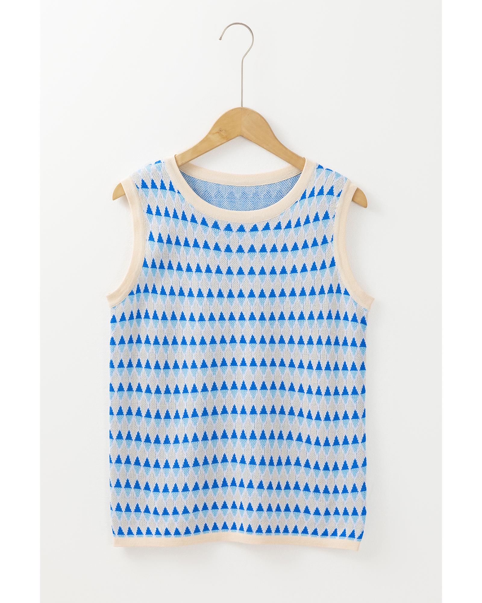 Sky Blue Stripe Geometric Print Round Neck Slim Fit Sweater Vest - L 5