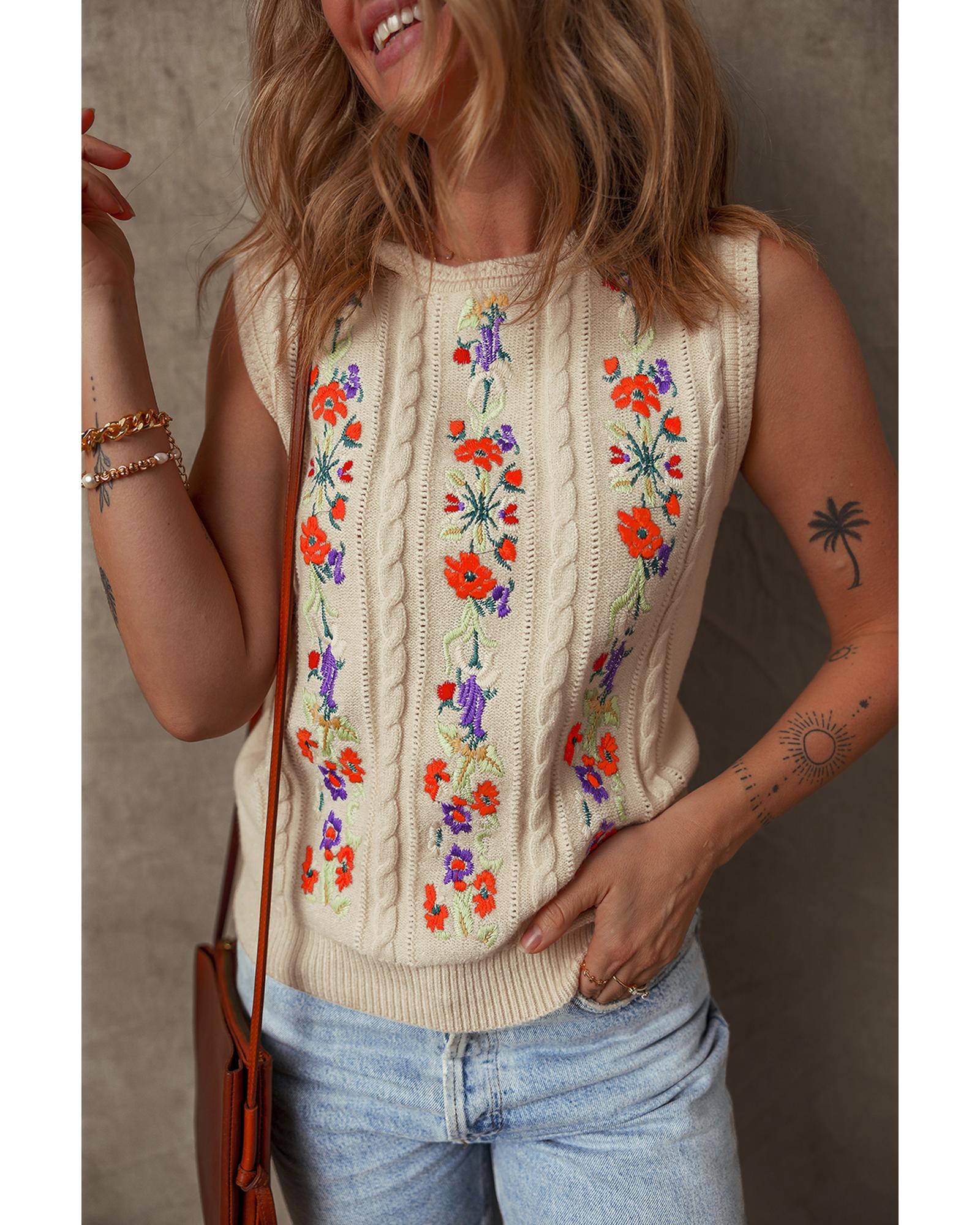 Jet Stream Embroidered Floral Cable Knit Sweater Vest - XL 6