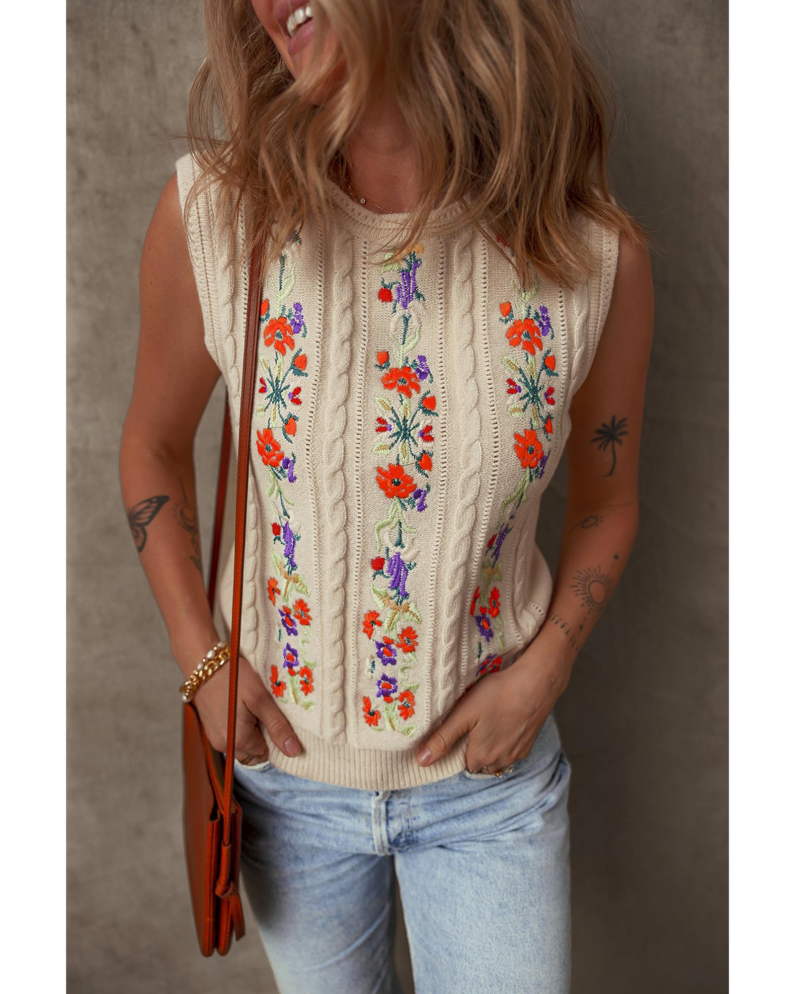 Jet Stream Embroidered Floral Cable Knit Sweater Vest - XL 7