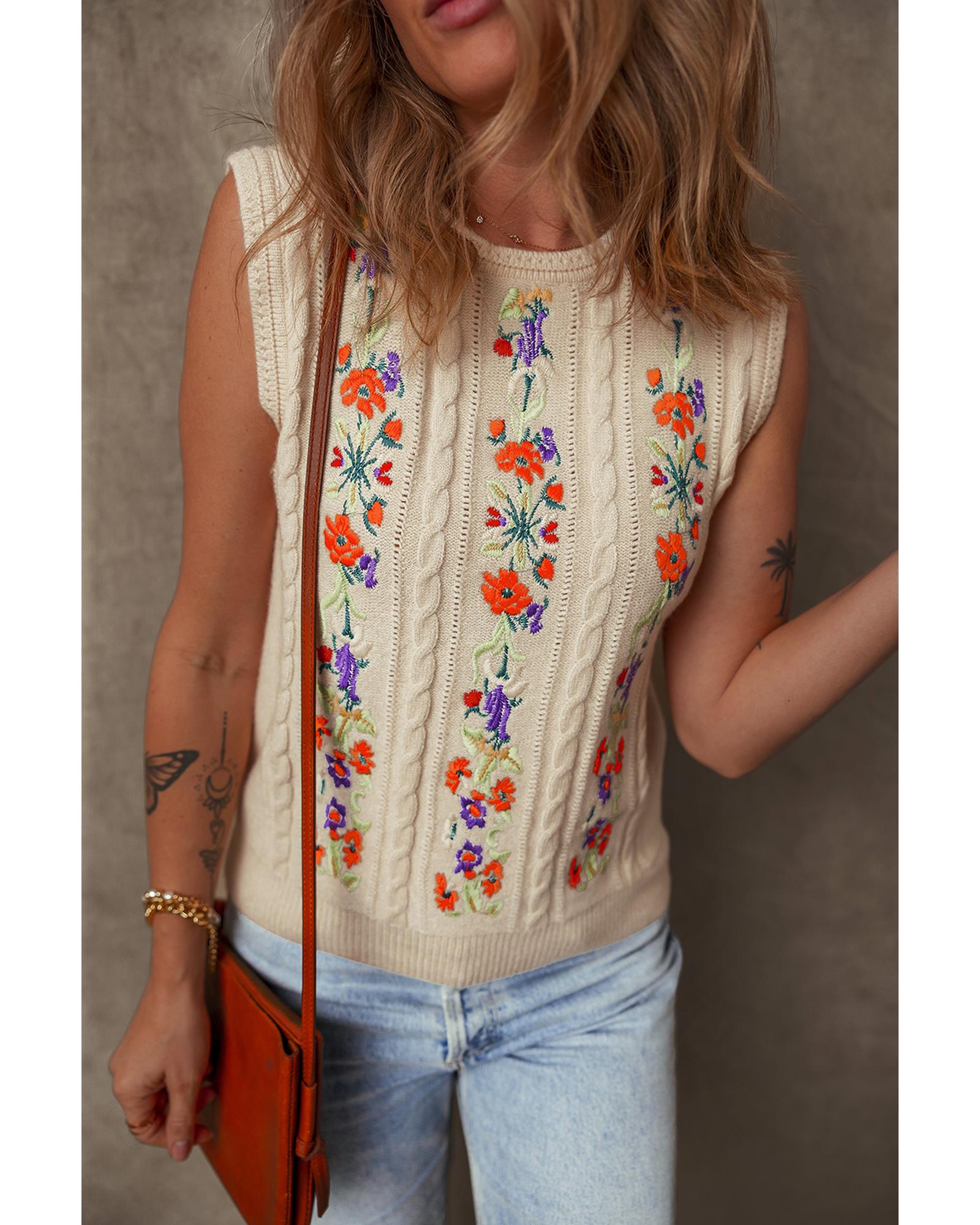 Jet Stream Embroidered Floral Cable Knit Sweater Vest - XL 8