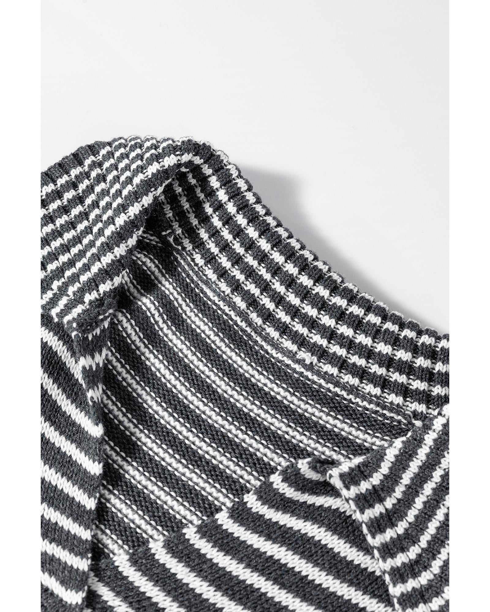 Gray Stripe Collared V Neck Sweater Vest with Pockets - L