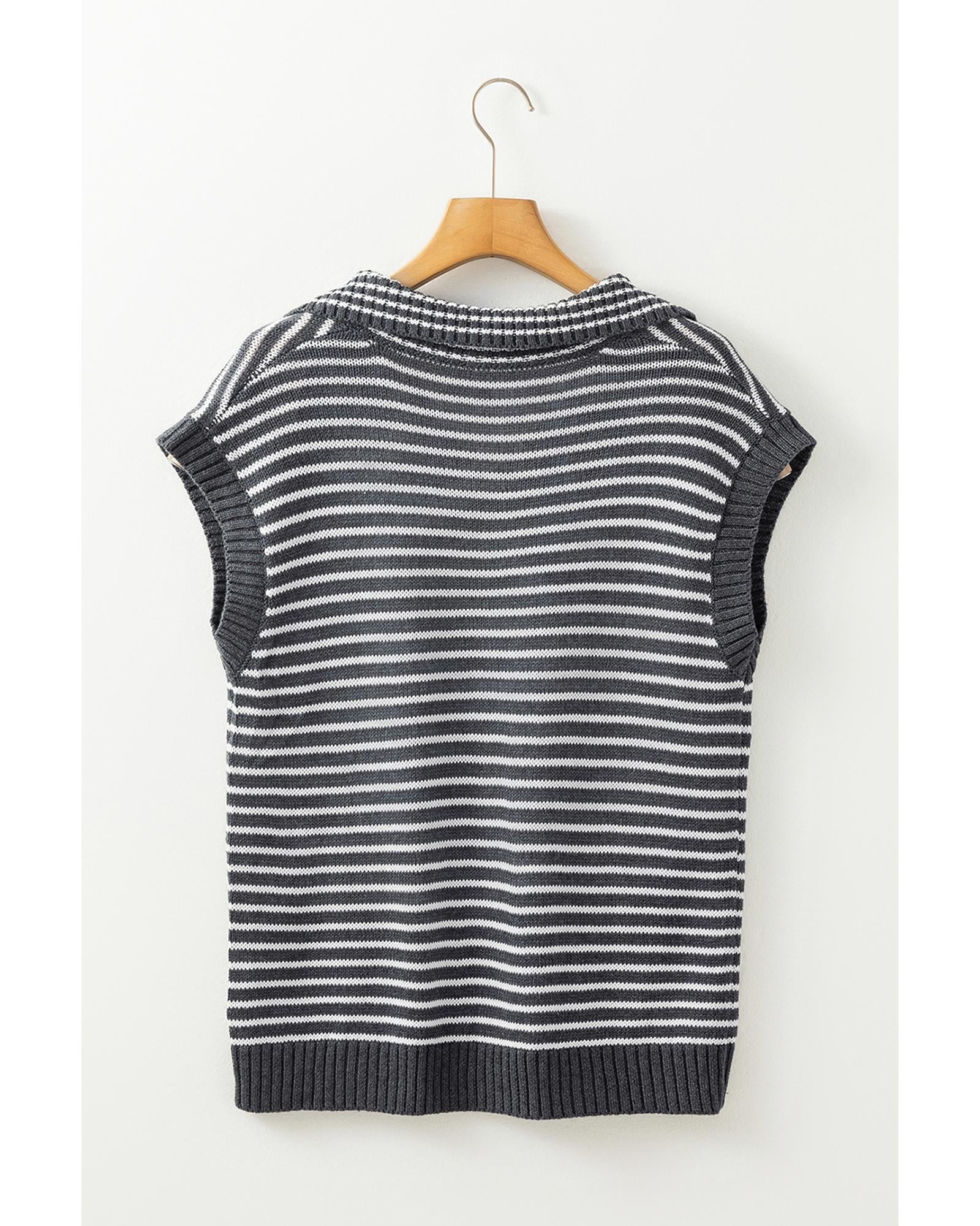 Gray Stripe Collared V Neck Sweater Vest with Pockets - M 5