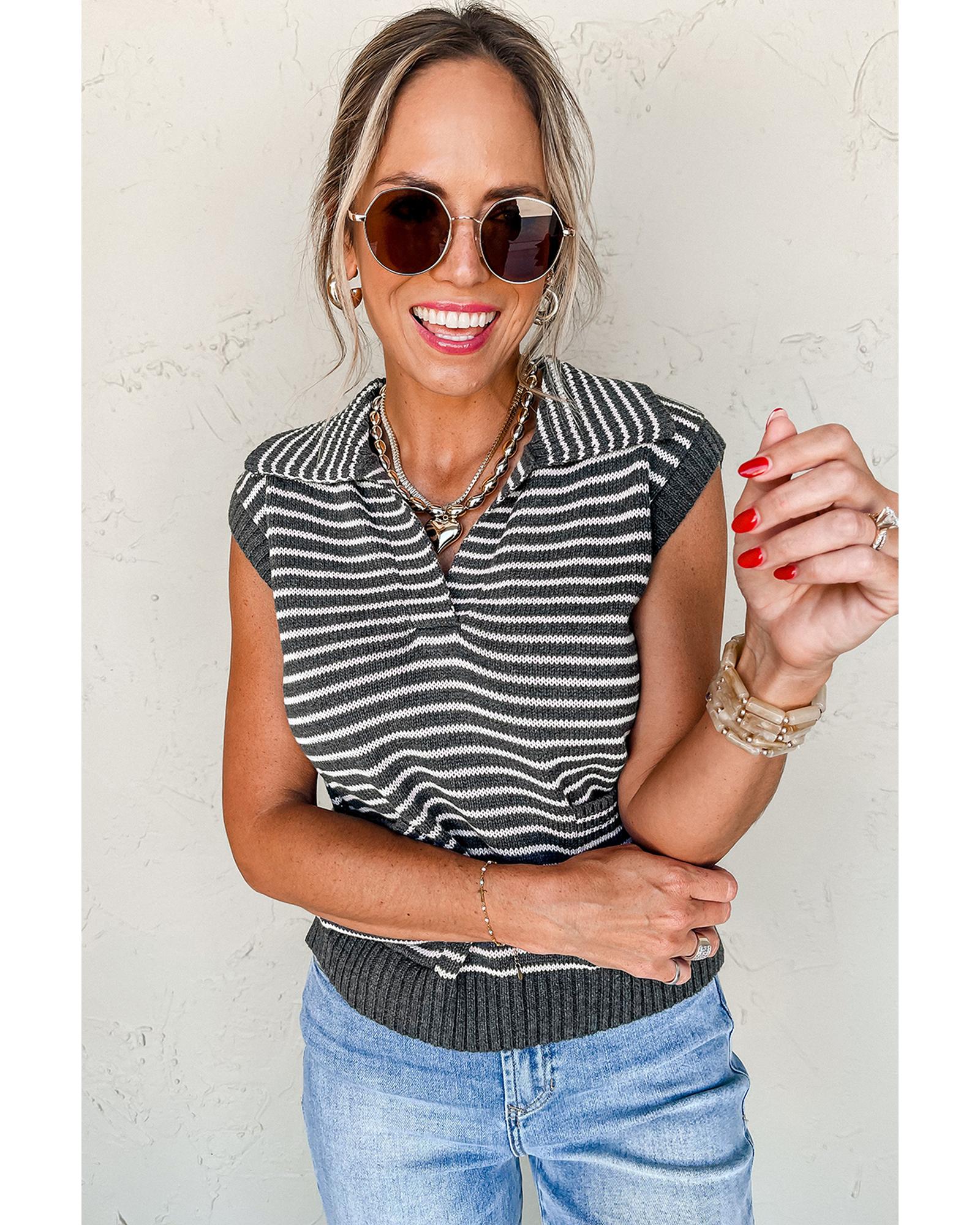 Gray Stripe Collared V Neck Sweater Vest with Pockets - S 3