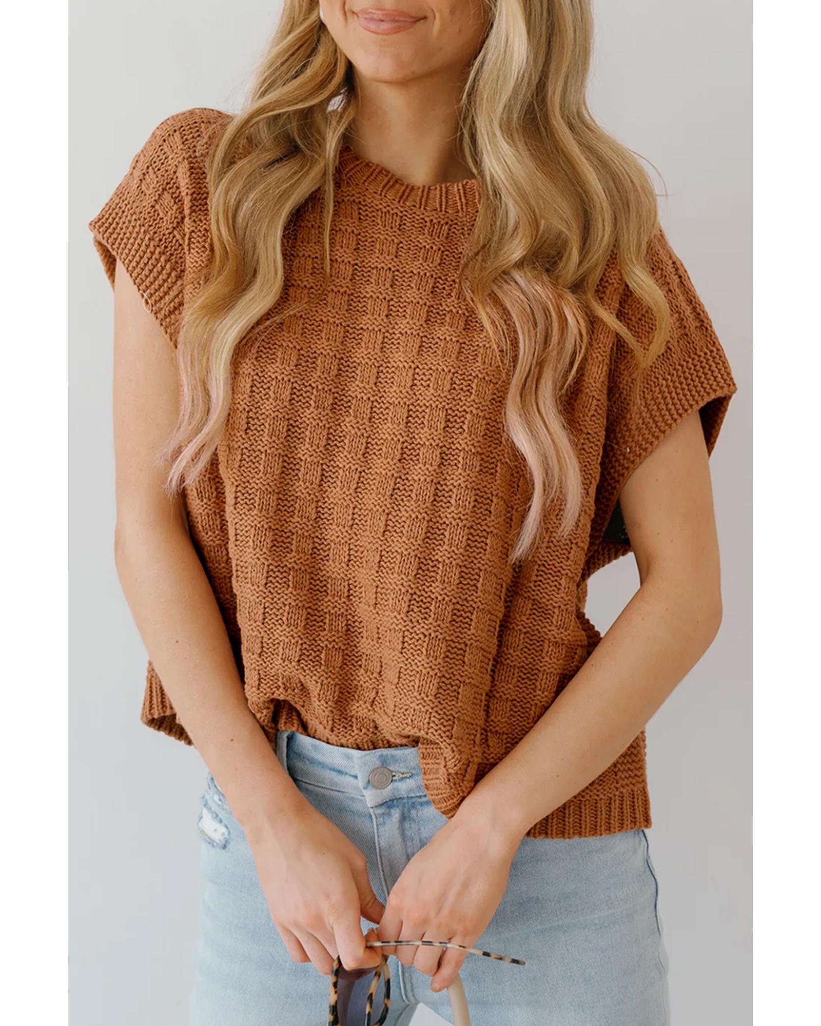 Camel Round Neck Textured Knit Sweater Vest - M 3