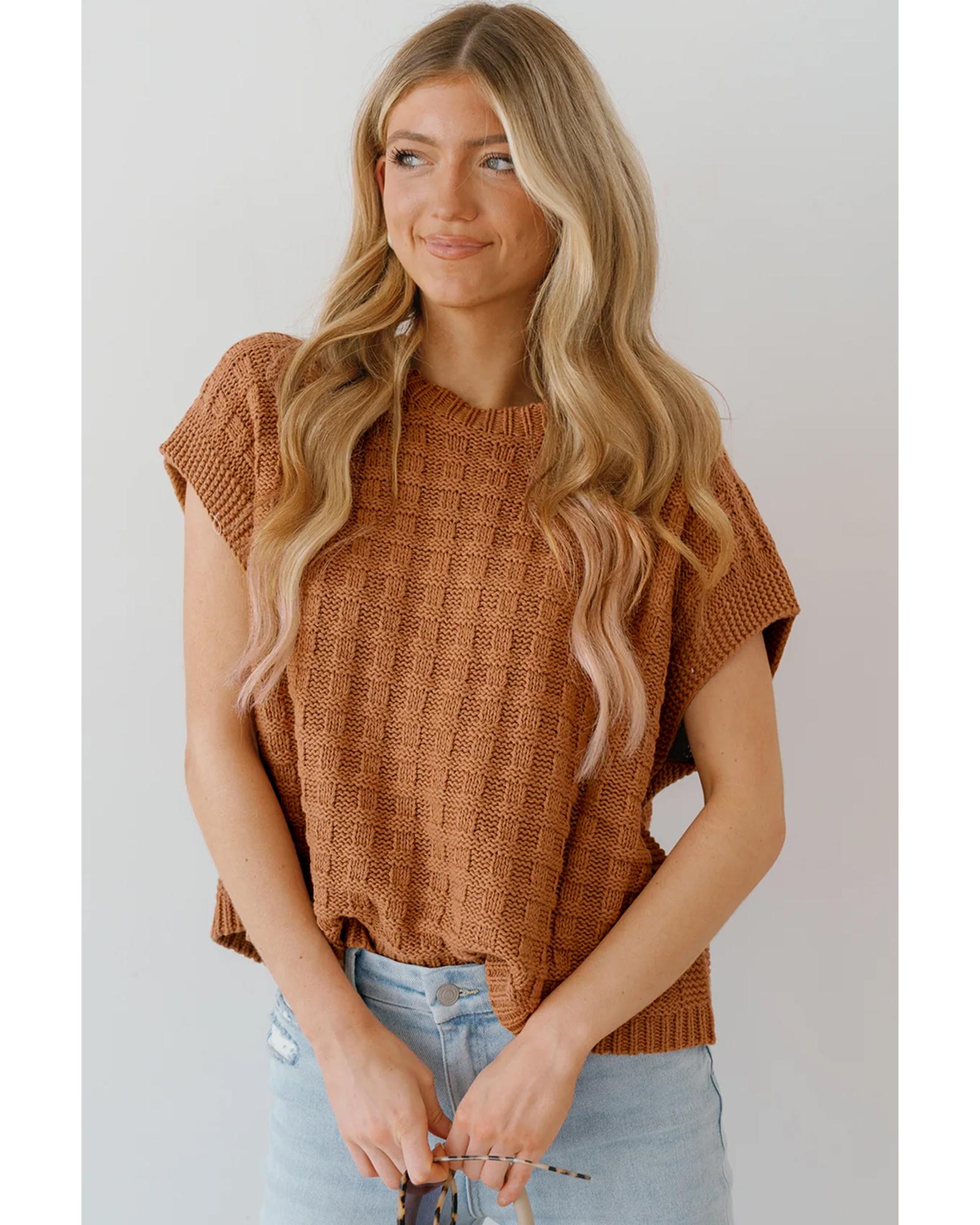 Camel Round Neck Textured Knit Sweater Vest - S 5