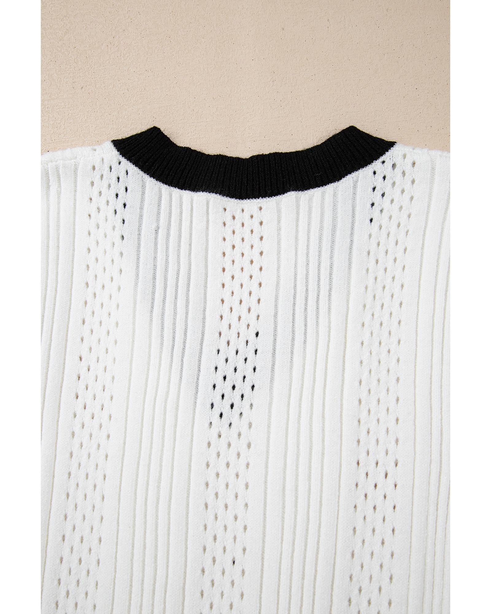 White Contrast Trim Eyelet Knit Colorblock V Neck Sweater Vest - L