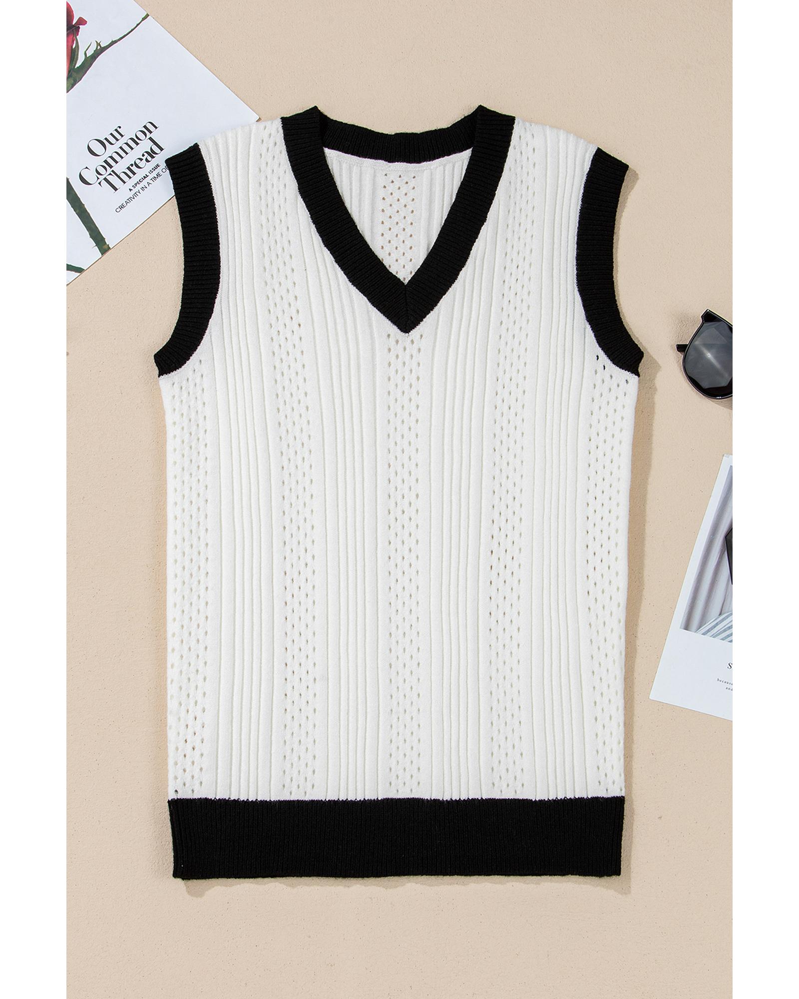 White Contrast Trim Eyelet Knit Colorblock V Neck Sweater Vest - L