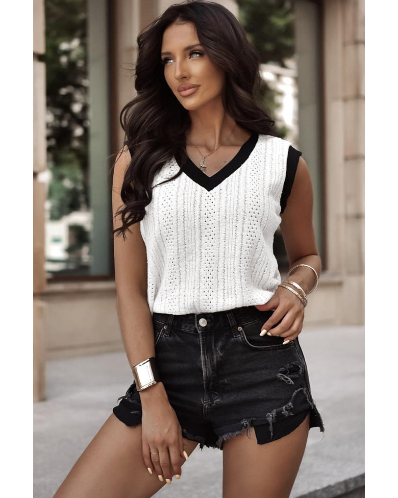 White Contrast Trim Eyelet Knit Colorblock V Neck Sweater Vest - L 3