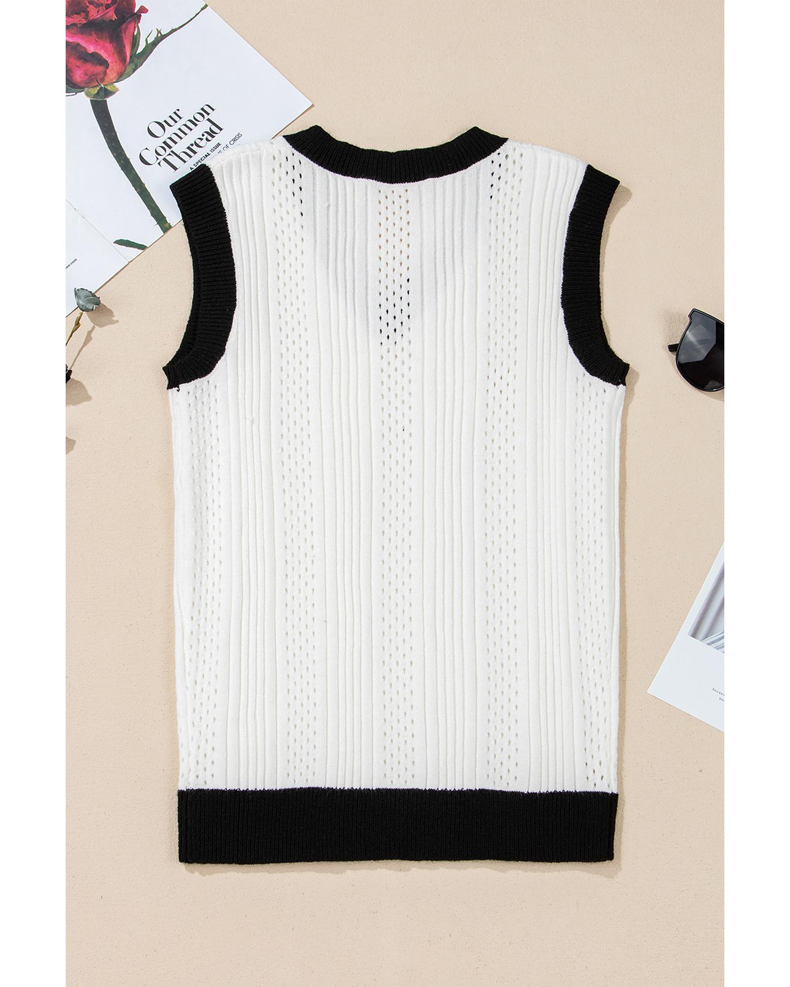 White Contrast Trim Eyelet Knit Colorblock V Neck Sweater Vest - XL 4