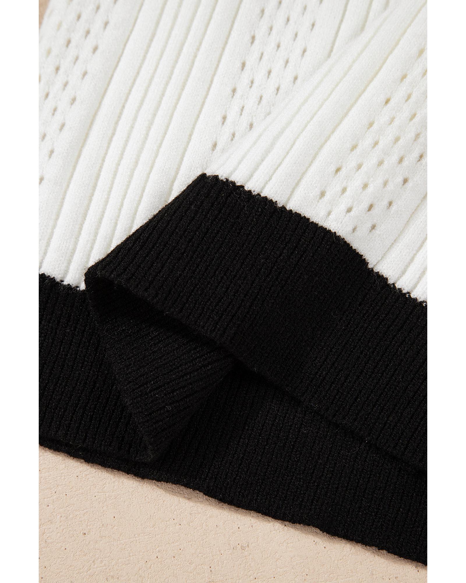 White Contrast Trim Eyelet Knit Colorblock V Neck Sweater Vest - XL 6