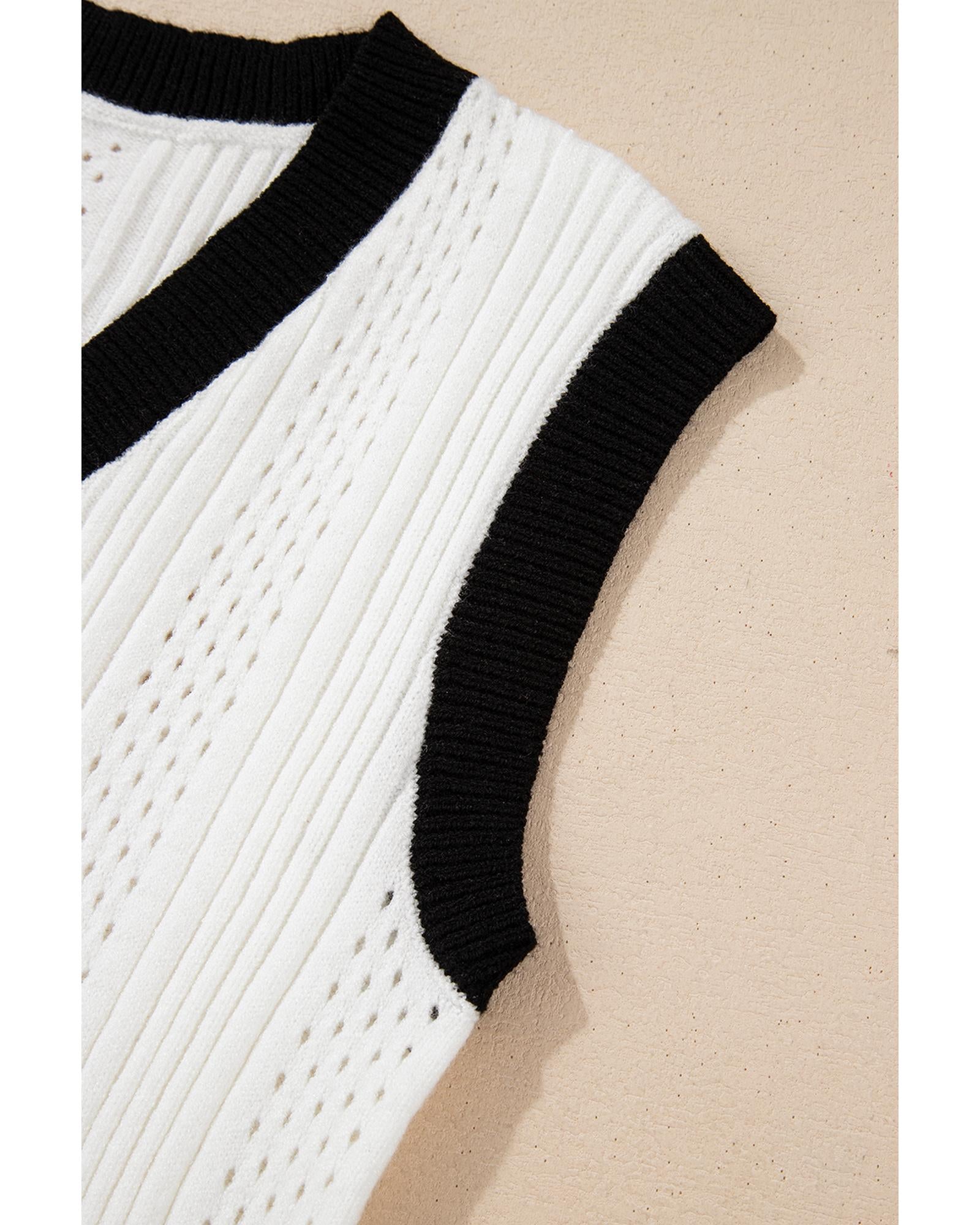 White Contrast Trim Eyelet Knit Colorblock V Neck Sweater Vest - XL 7