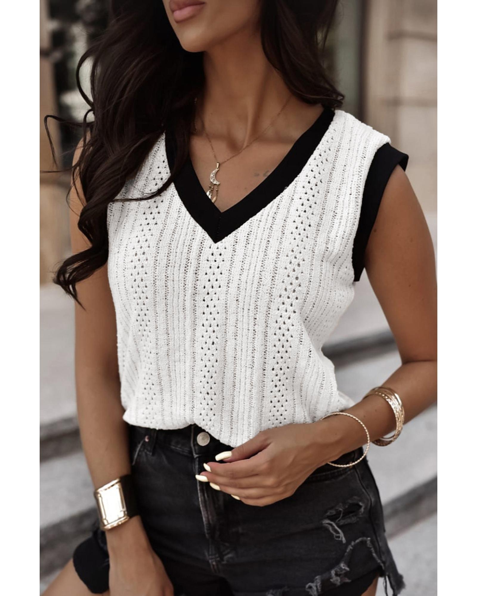 White Contrast Trim Eyelet Knit Colorblock V Neck Sweater Vest - XL 8