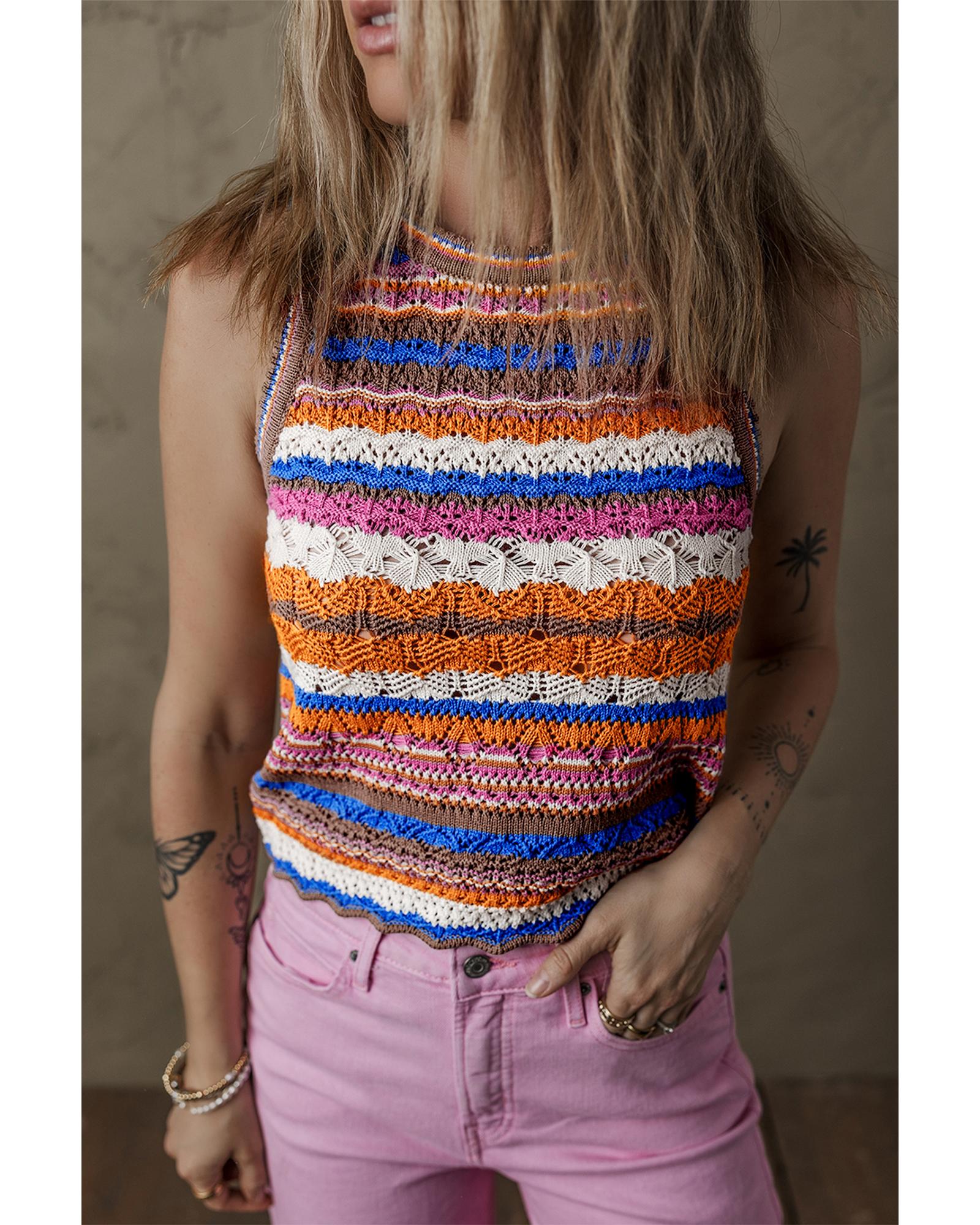 Dark Blue Striped Textured Knit Crew Neck Sweater Vest - XL