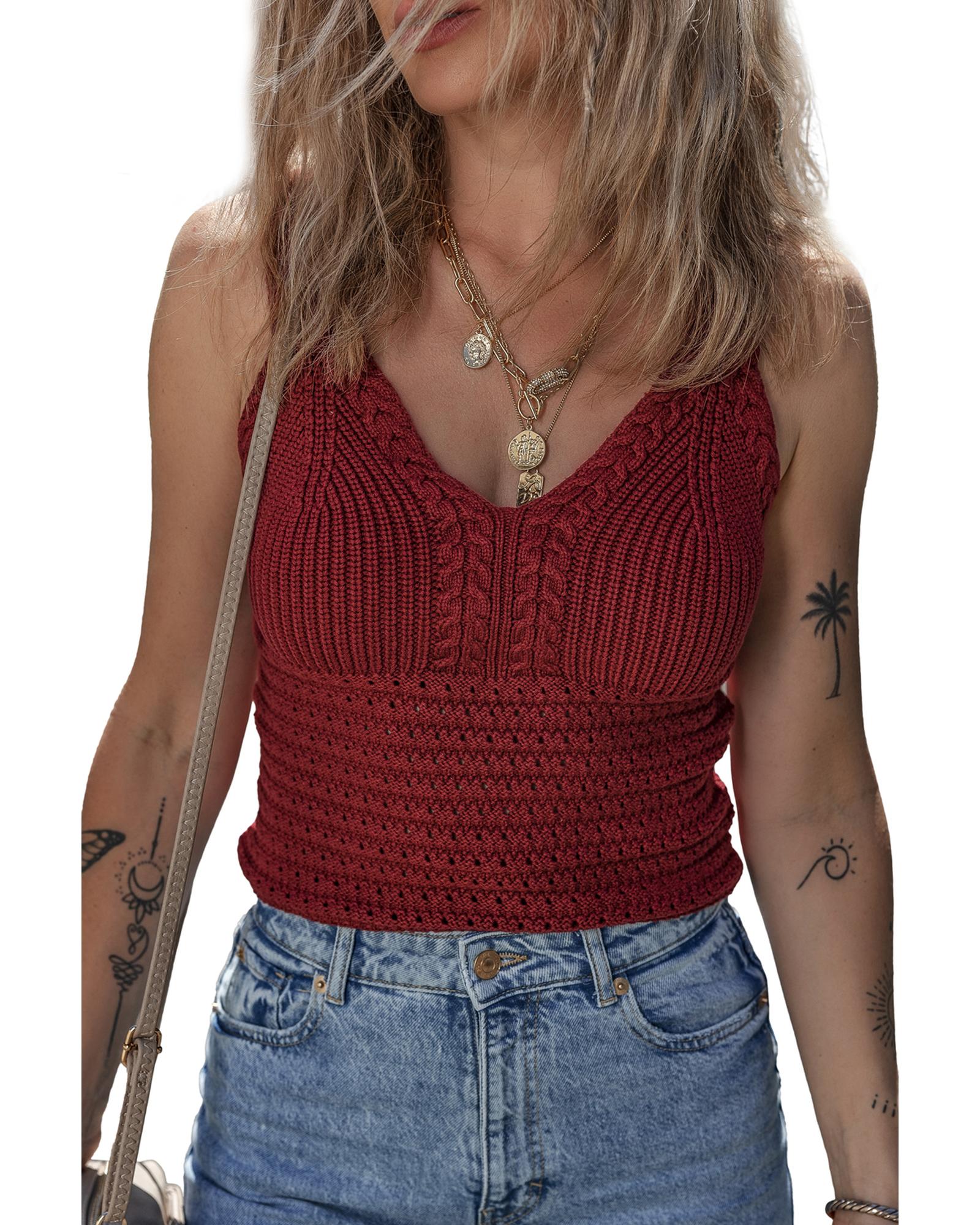 Burgundy Cable Knit Pointelle Slim Fit V Neck Sweater Vest - L