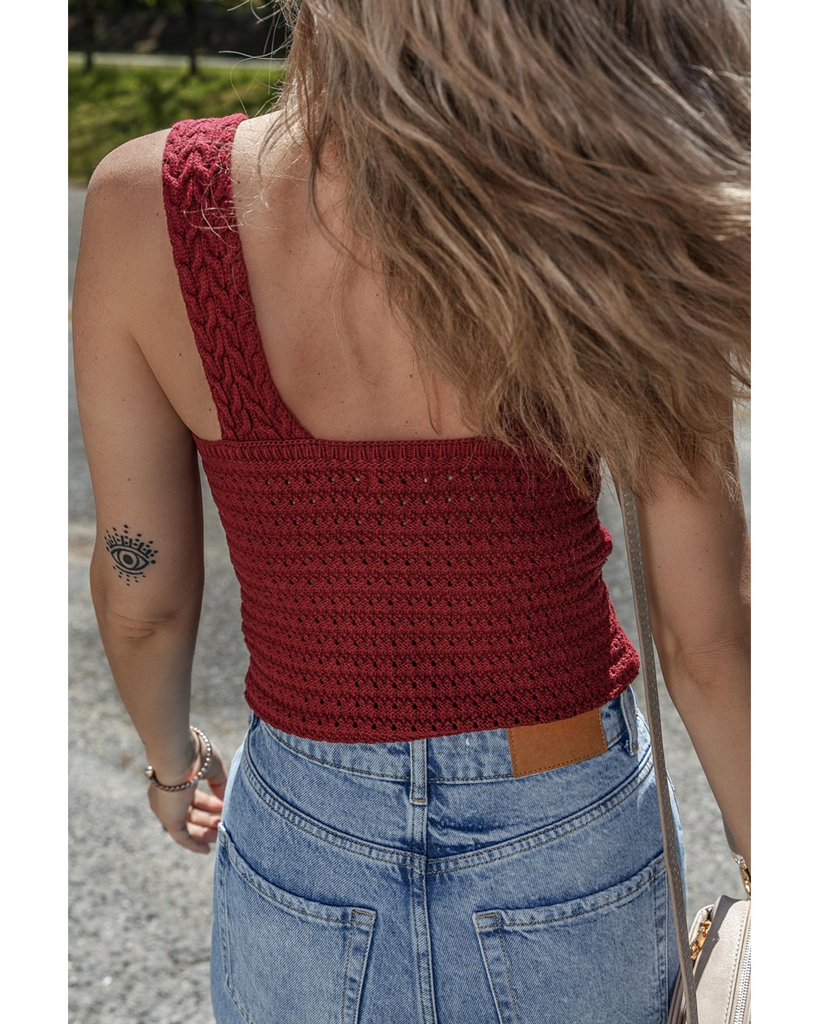 Burgundy Cable Knit Pointelle Slim Fit V Neck Sweater Vest - M 3