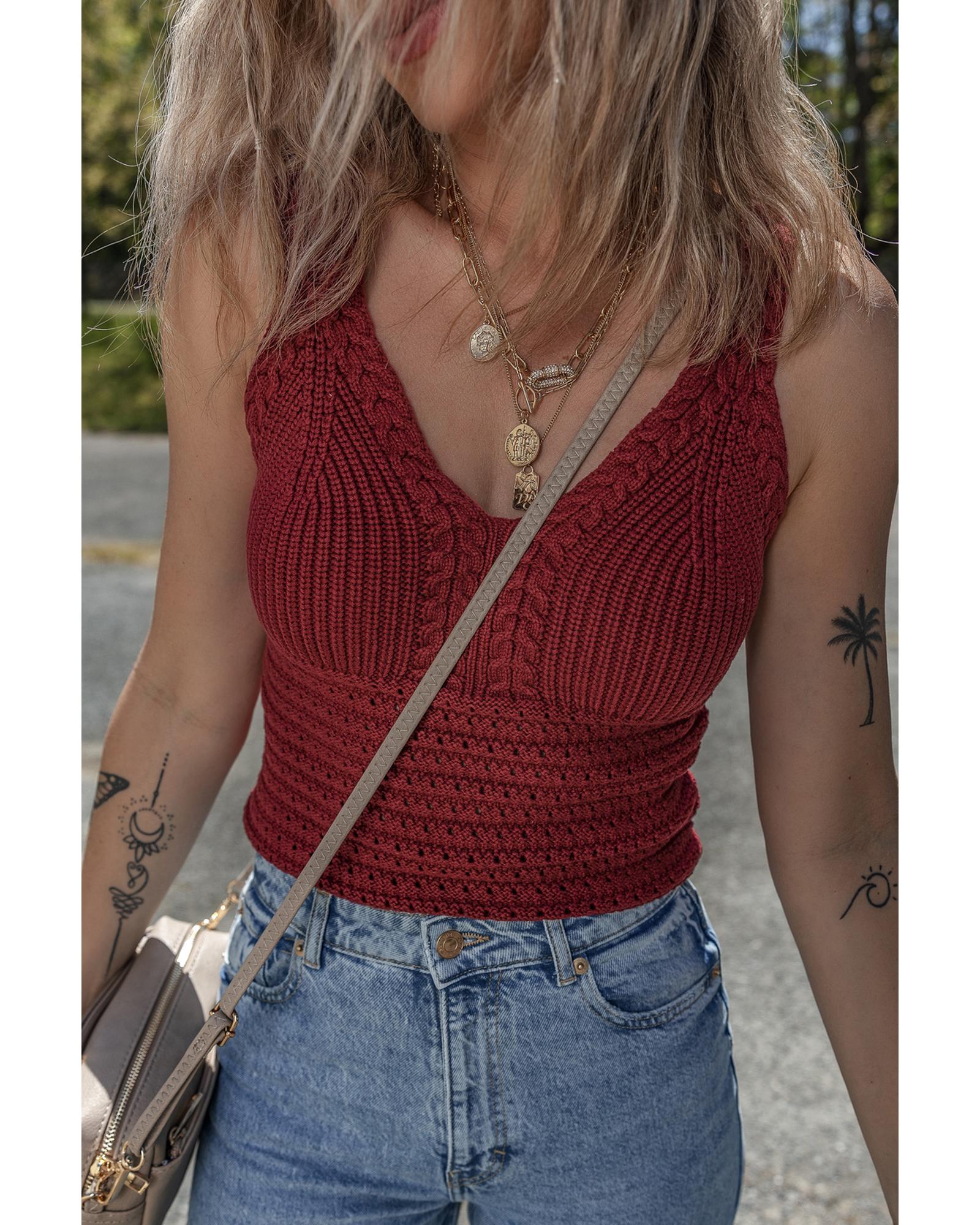Burgundy Cable Knit Pointelle Slim Fit V Neck Sweater Vest - M 5