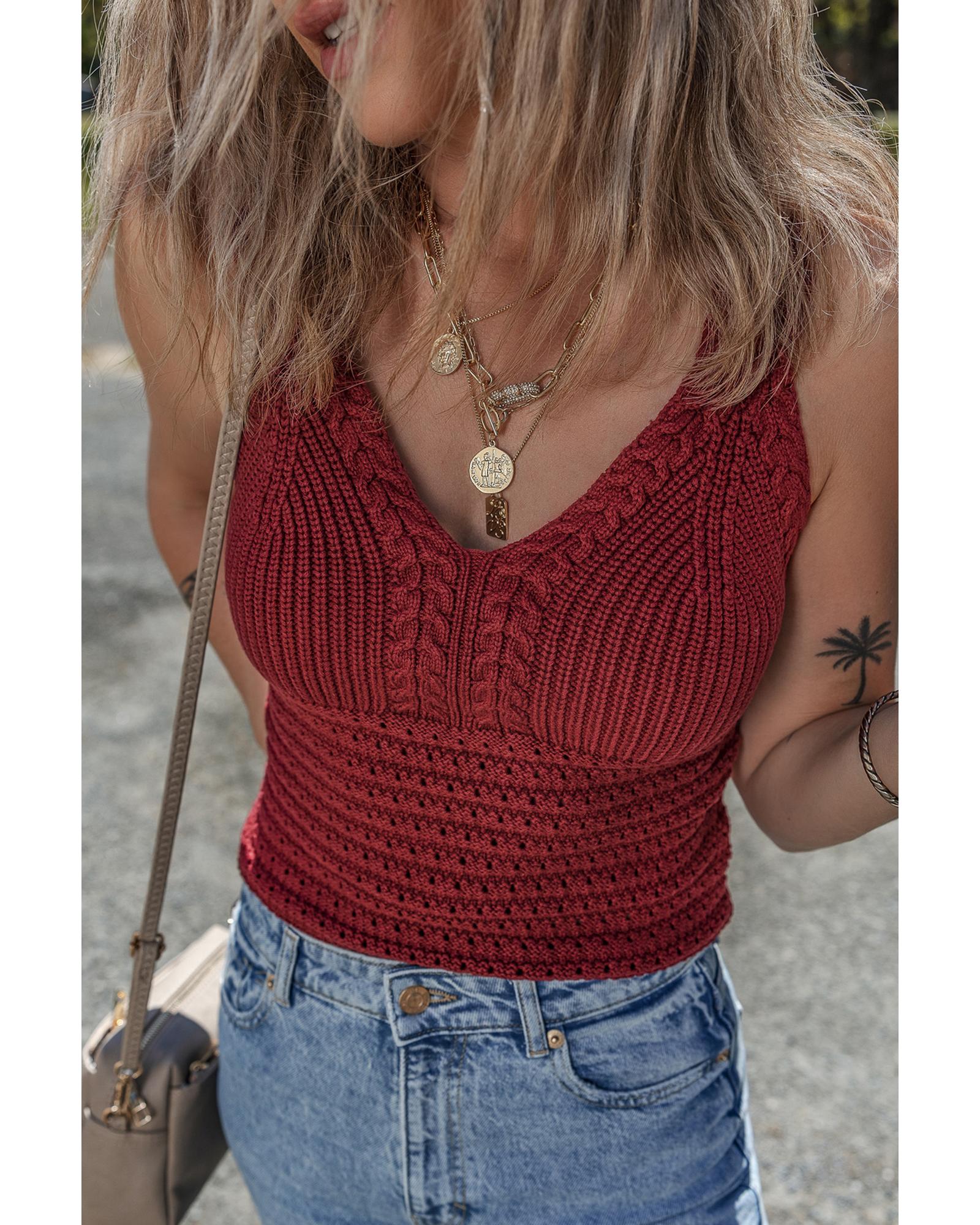 Burgundy Cable Knit Pointelle Slim Fit V Neck Sweater Vest - S