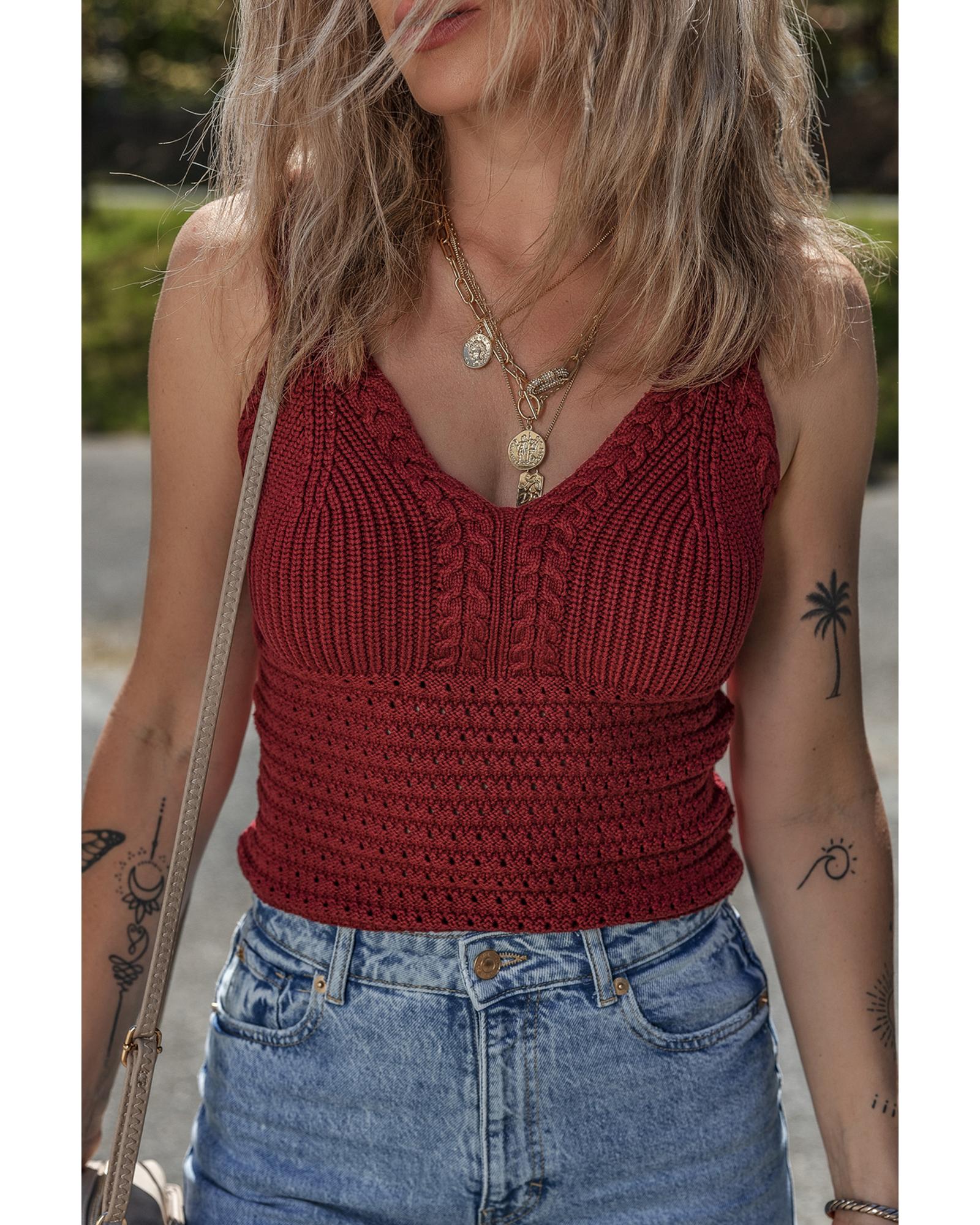 Burgundy Cable Knit Pointelle Slim Fit V Neck Sweater Vest - S 4
