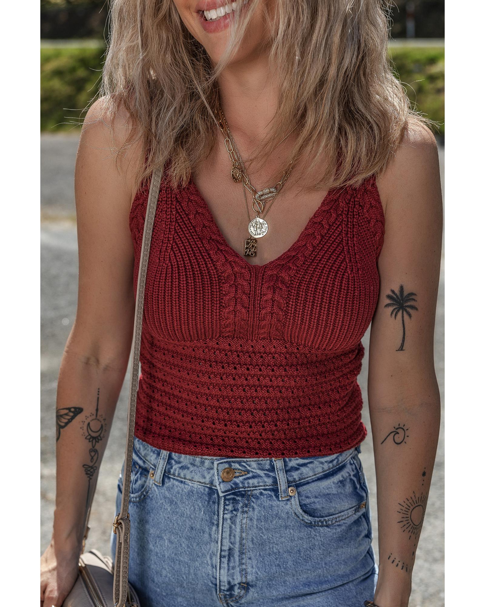 Burgundy Cable Knit Pointelle Slim Fit V Neck Sweater Vest - XL 5