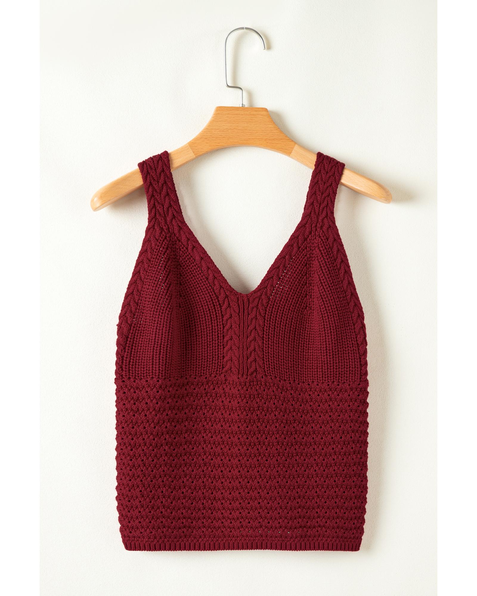 Burgundy Cable Knit Pointelle Slim Fit V Neck Sweater Vest - XL 7
