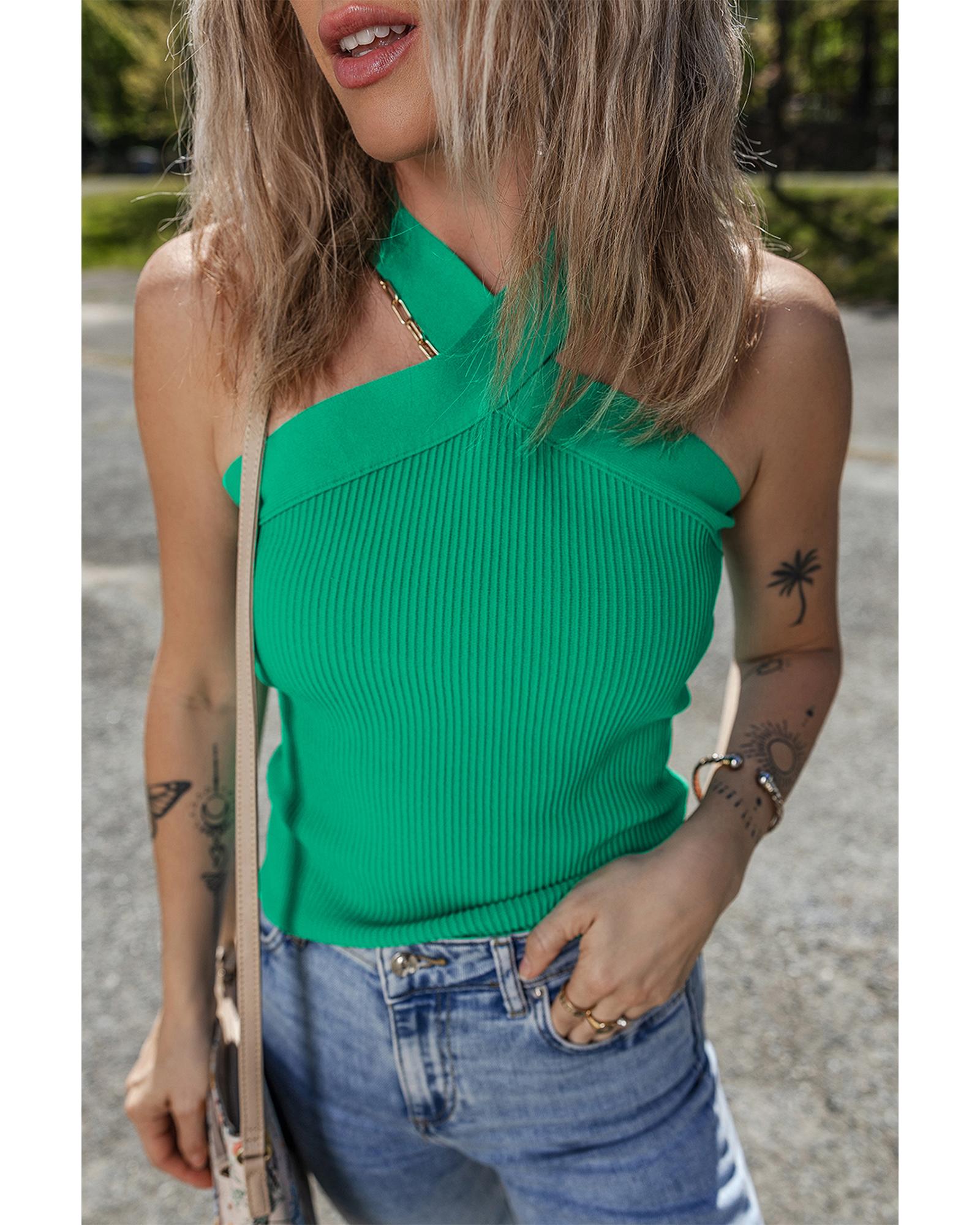 Dark Green Ribbed Criss Cross Halter Neck Sheath Sweater Tank Top - L 3