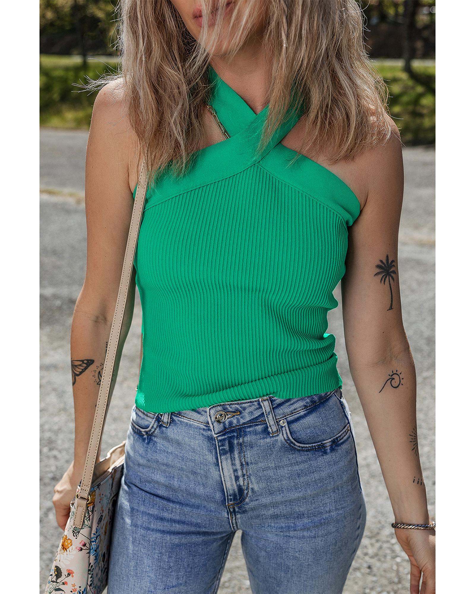 Dark Green Ribbed Criss Cross Halter Neck Sheath Sweater Tank Top - M