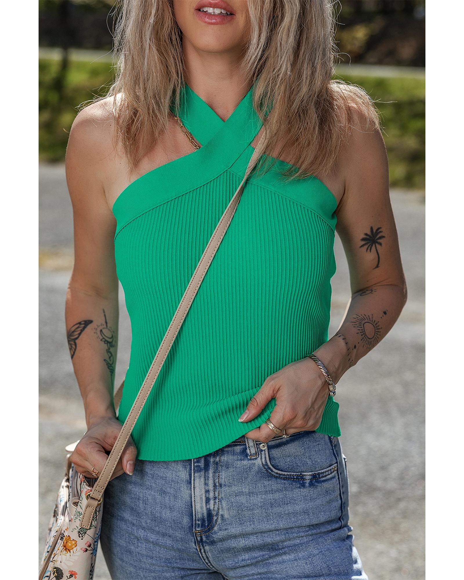 Dark Green Ribbed Criss Cross Halter Neck Sheath Sweater Tank Top - XL 3