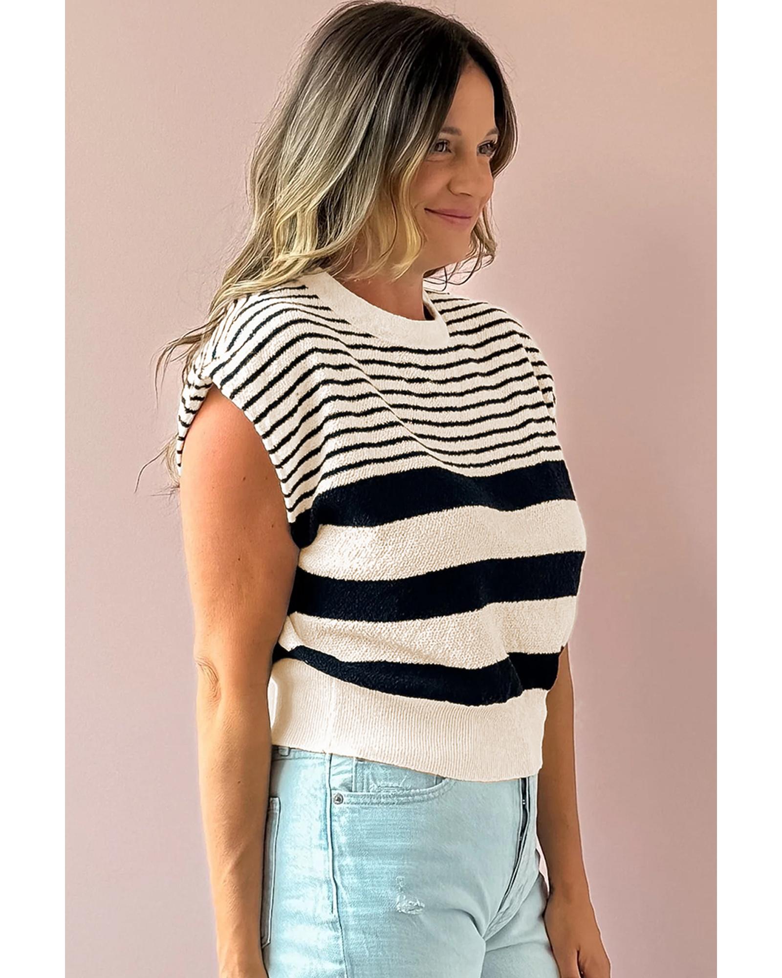 Black white Striped O Neck Sweater Vest - L 3