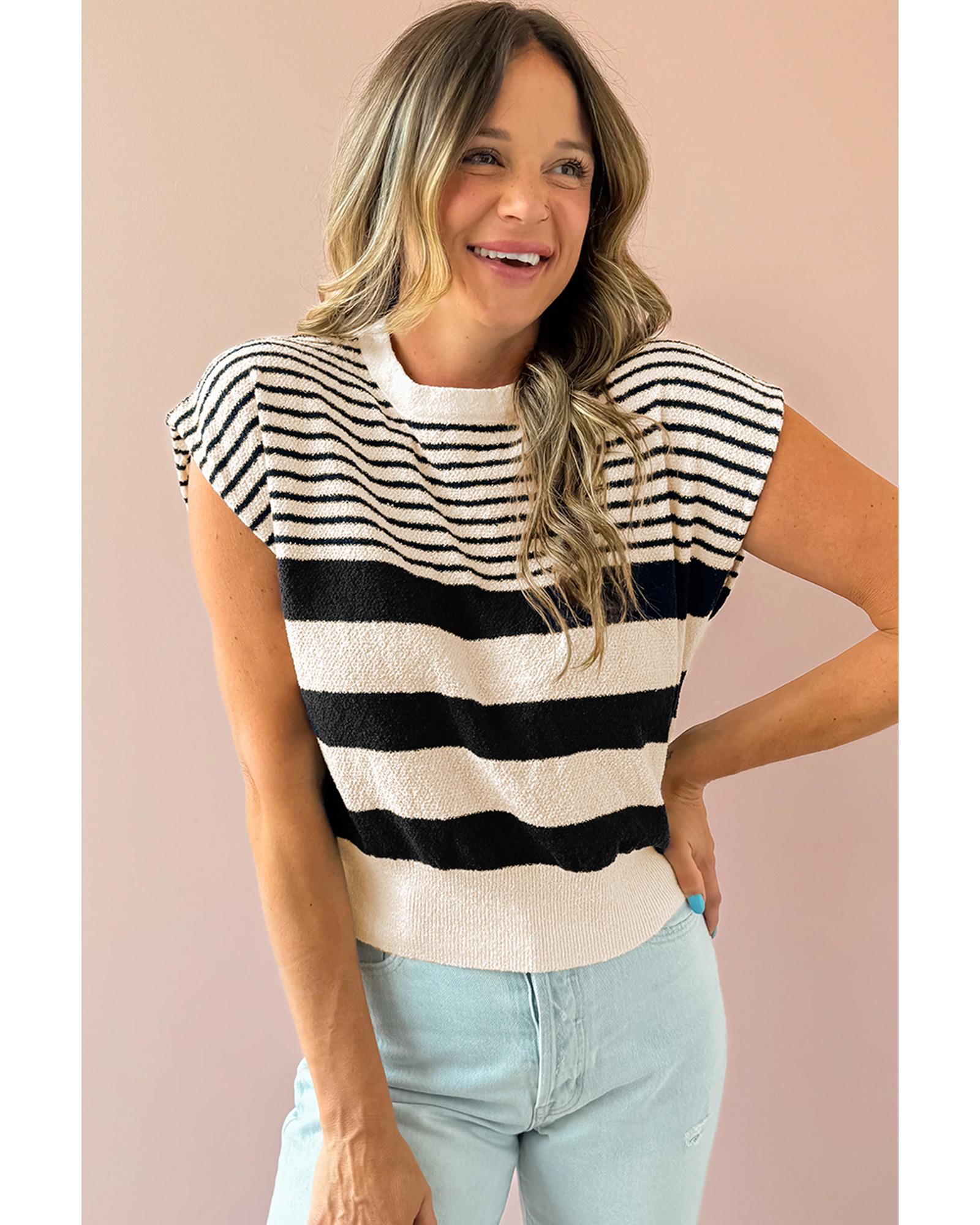 Black white Striped O Neck Sweater Vest - M 7