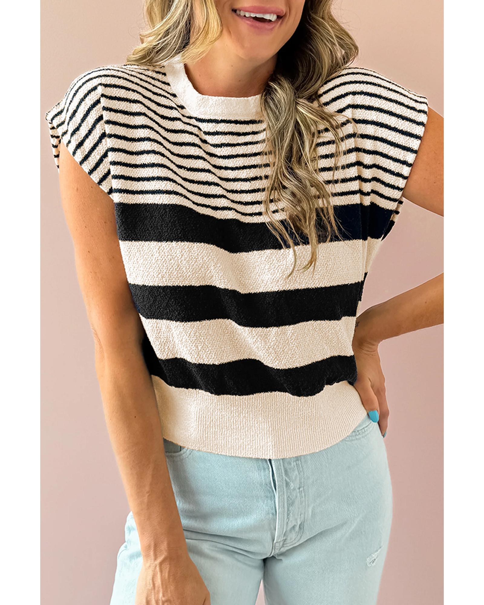 Black white Striped O Neck Sweater Vest - S 4