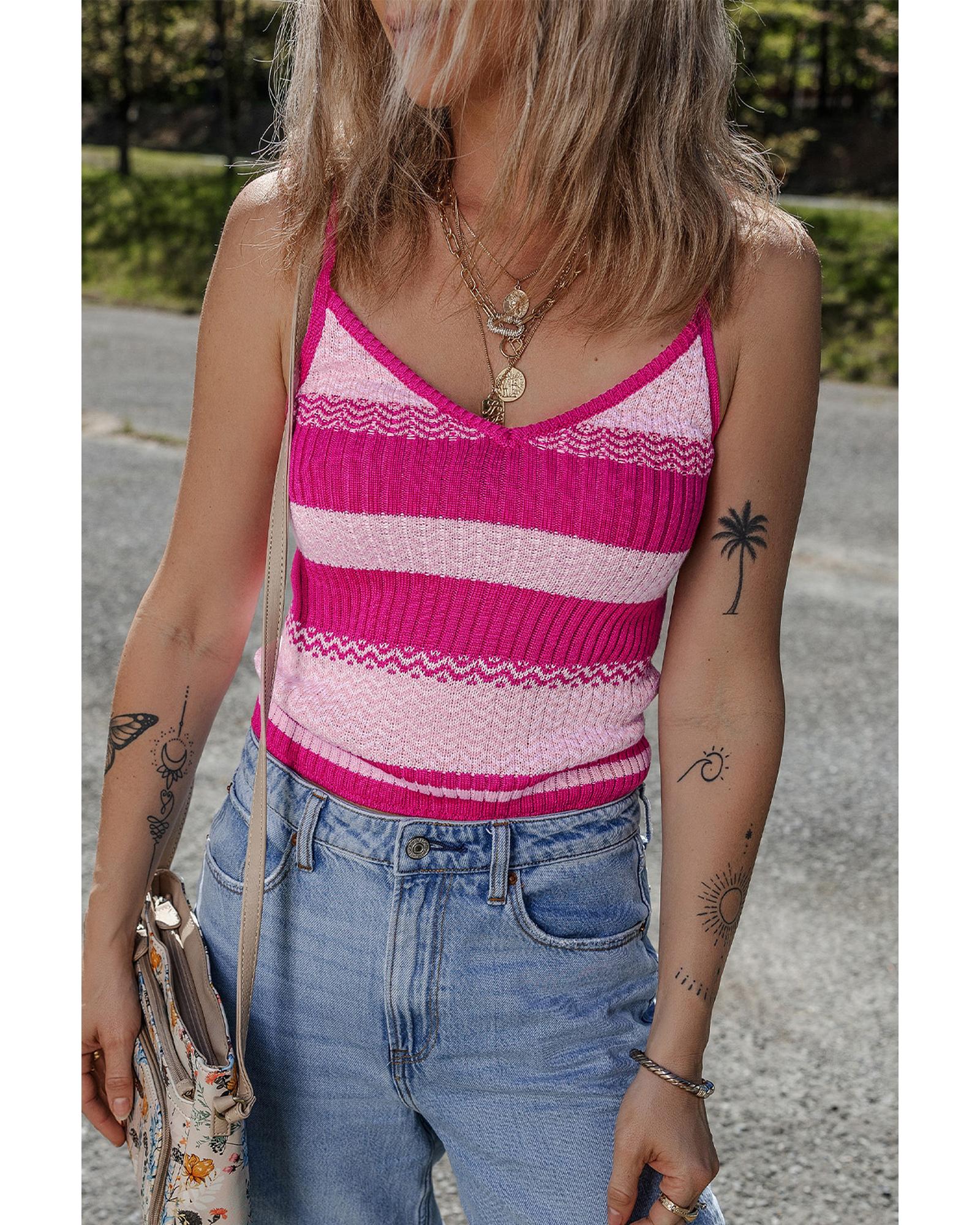 Red Stripe Spaghetti Strap V Neck Sweater Vest - XL 5