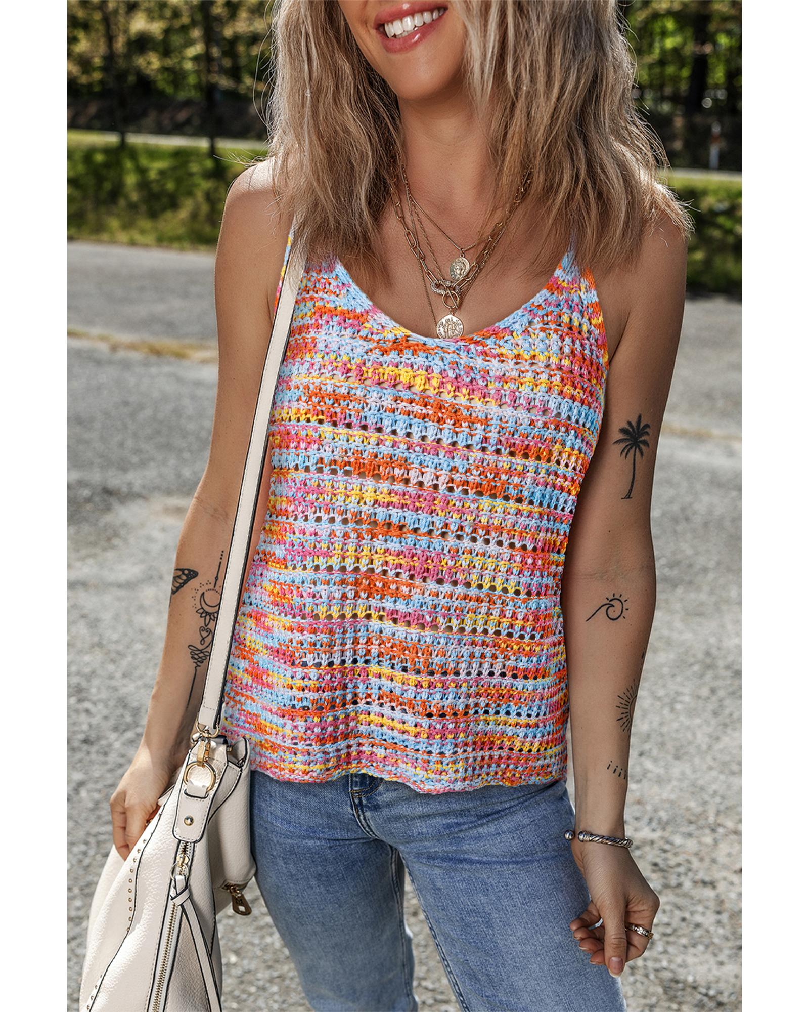 Pink Color Contrast Crochet Loose Fit Sweater Vest - M